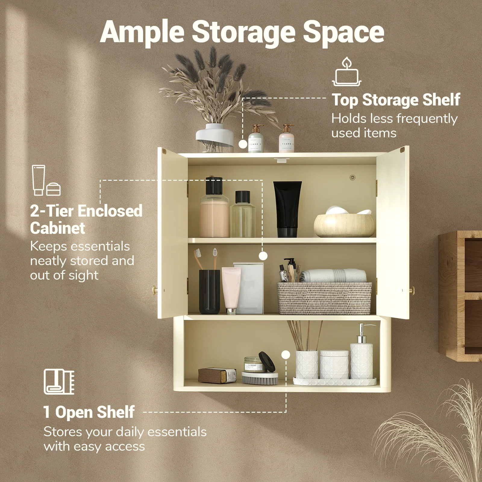 Fluted Bathroom Wall Cabinet With Open Shelf, Beige - Image 9