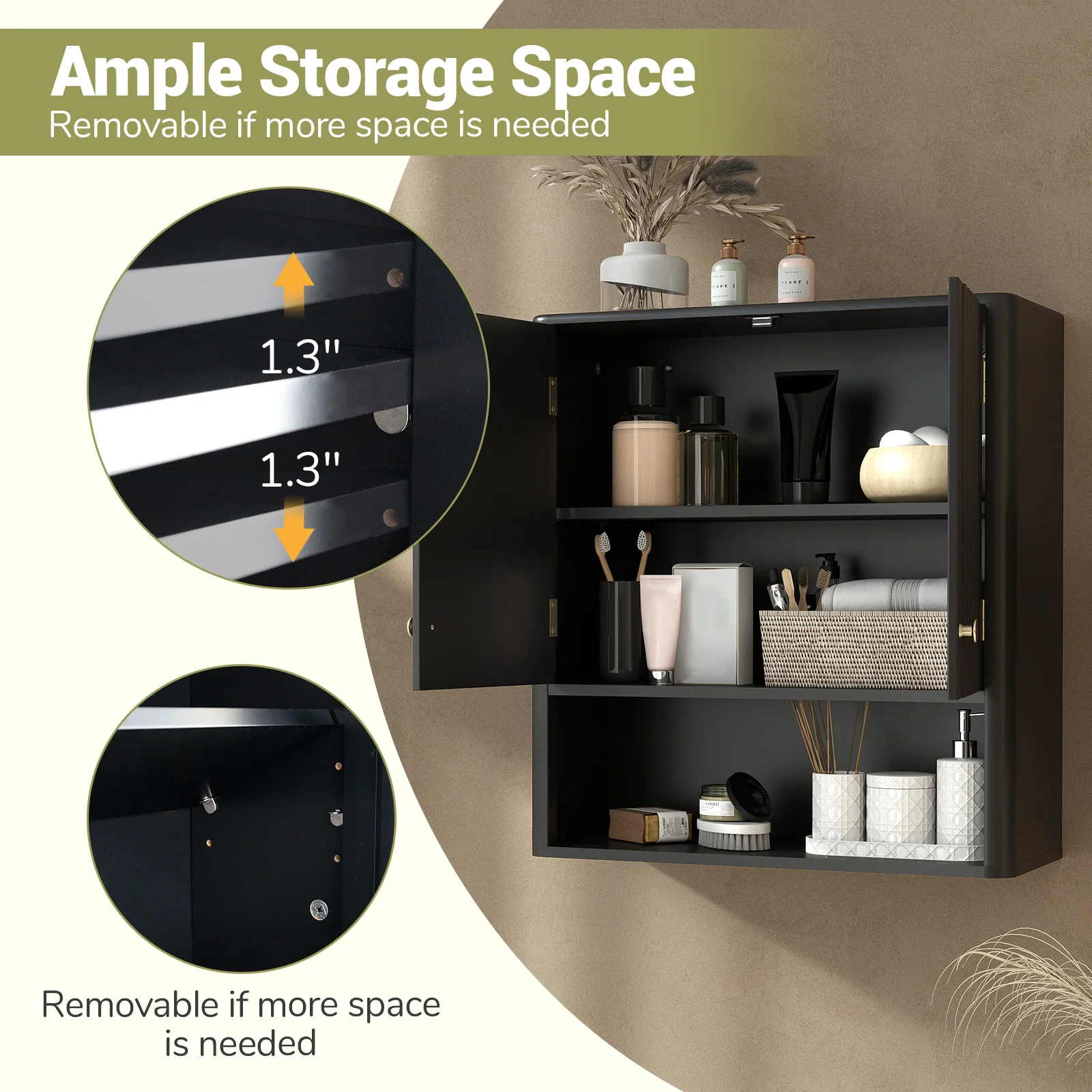 Fluted Bathroom Wall Cabinet With Open Shelf, Black - Image 10