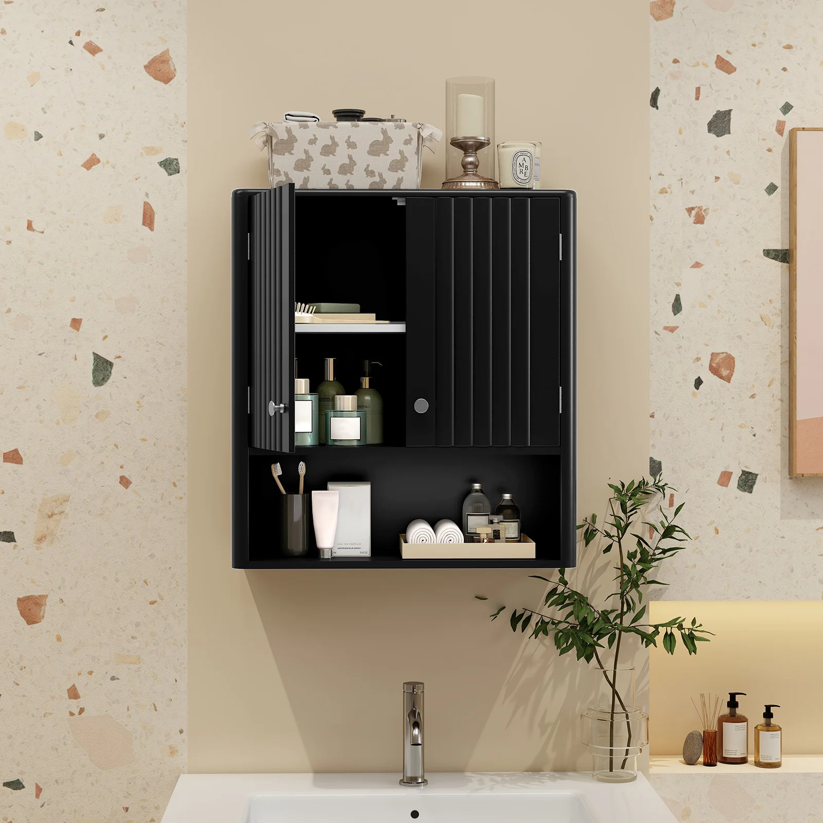 Fluted Bathroom Wall Cabinet With Open Shelf, Black - Image 3
