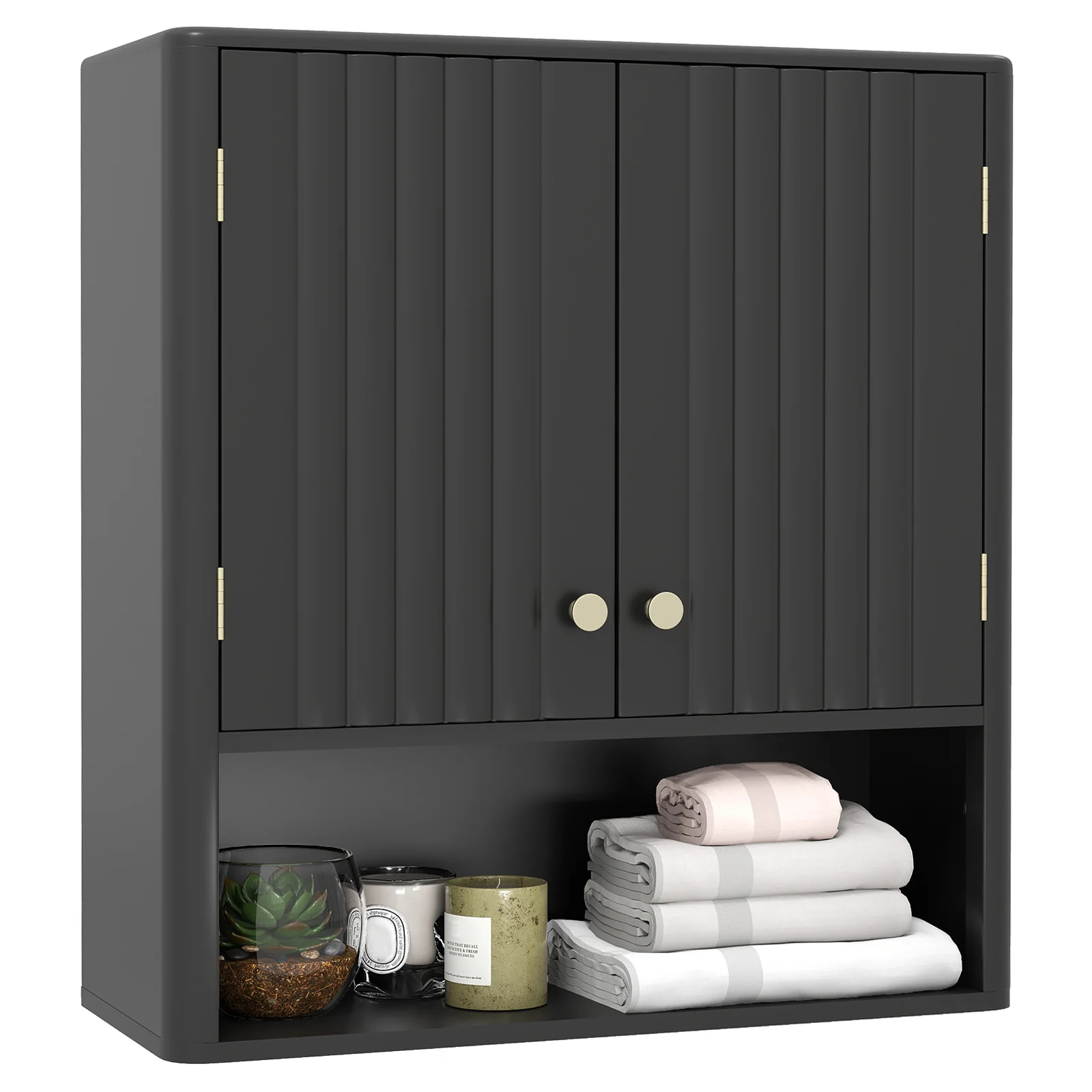 Fluted Bathroom Wall Cabinet With Open Shelf, Black - Image 4