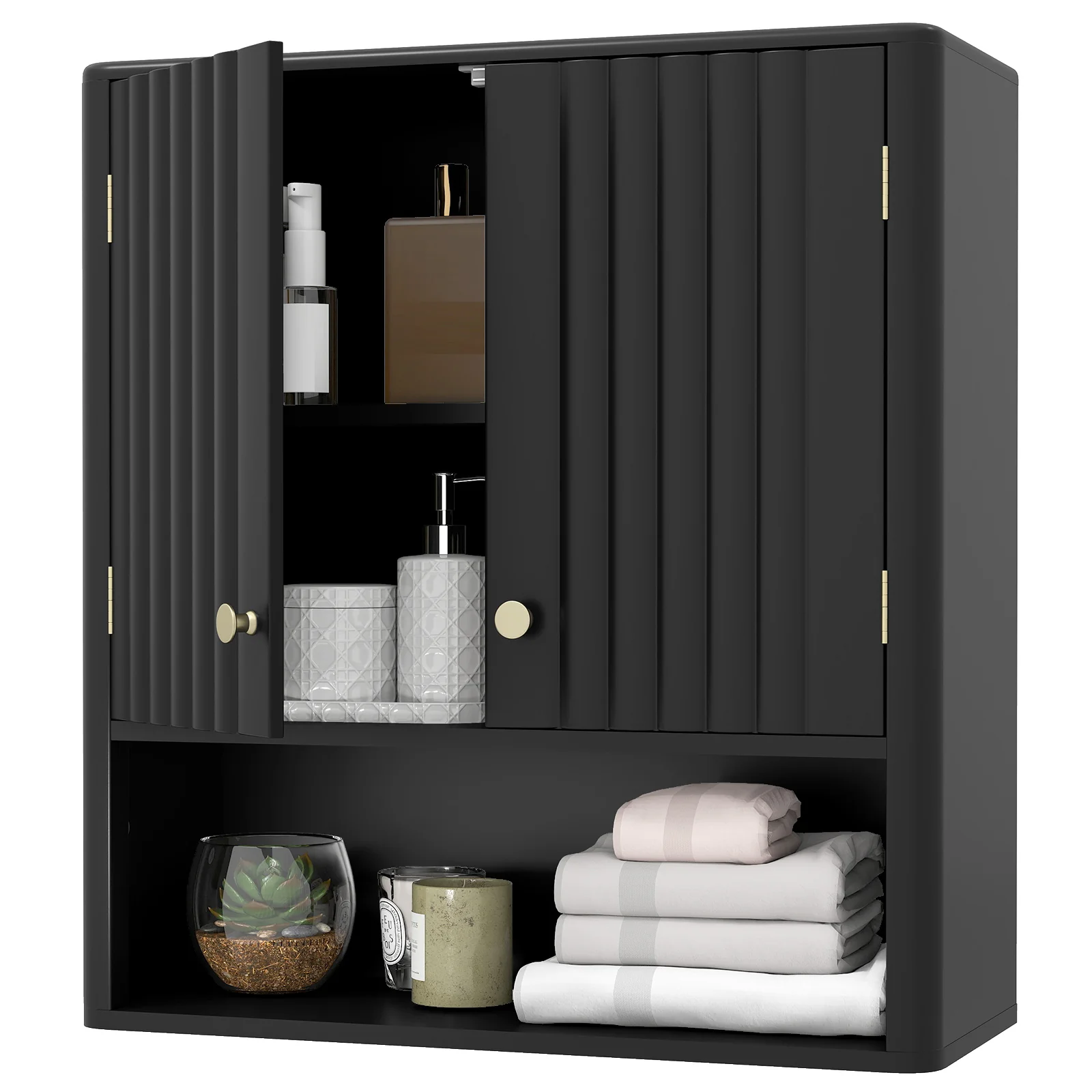Fluted Bathroom Wall Cabinet With Open Shelf, Black - Image 5