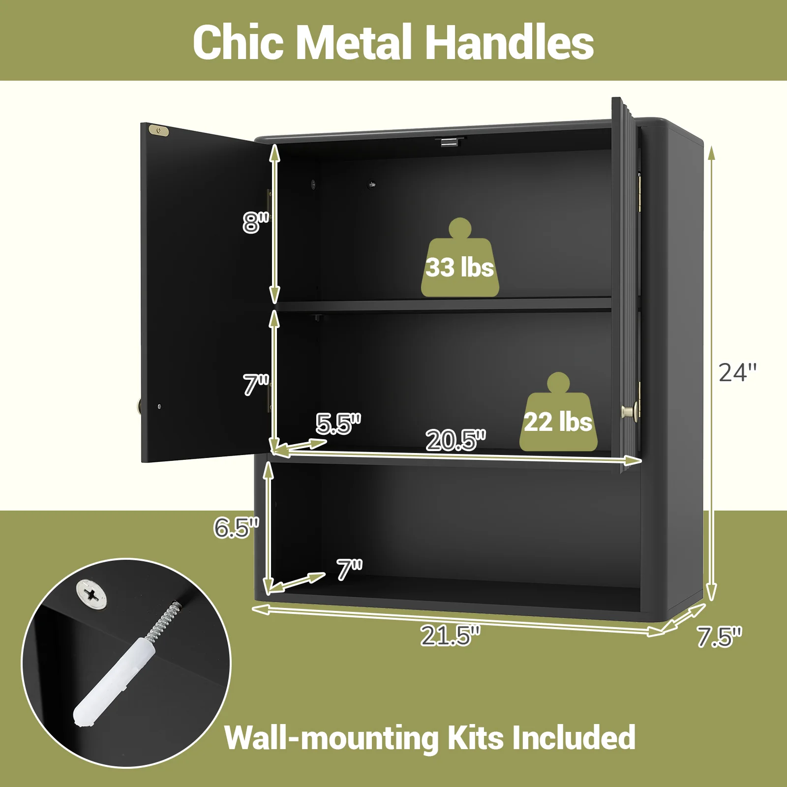 Fluted Bathroom Wall Cabinet With Open Shelf, Black - Image 6