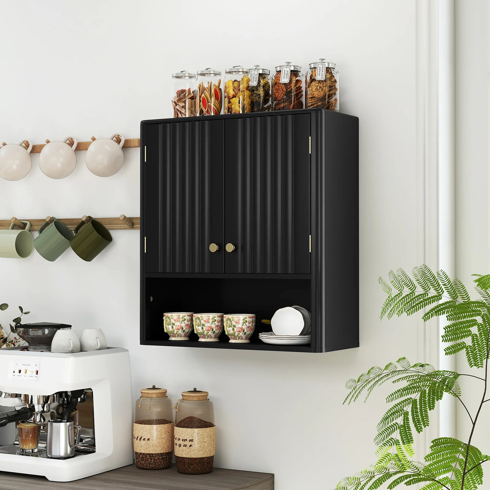 Fluted Bathroom Wall Cabinet With Open Shelf, Black - Image 8