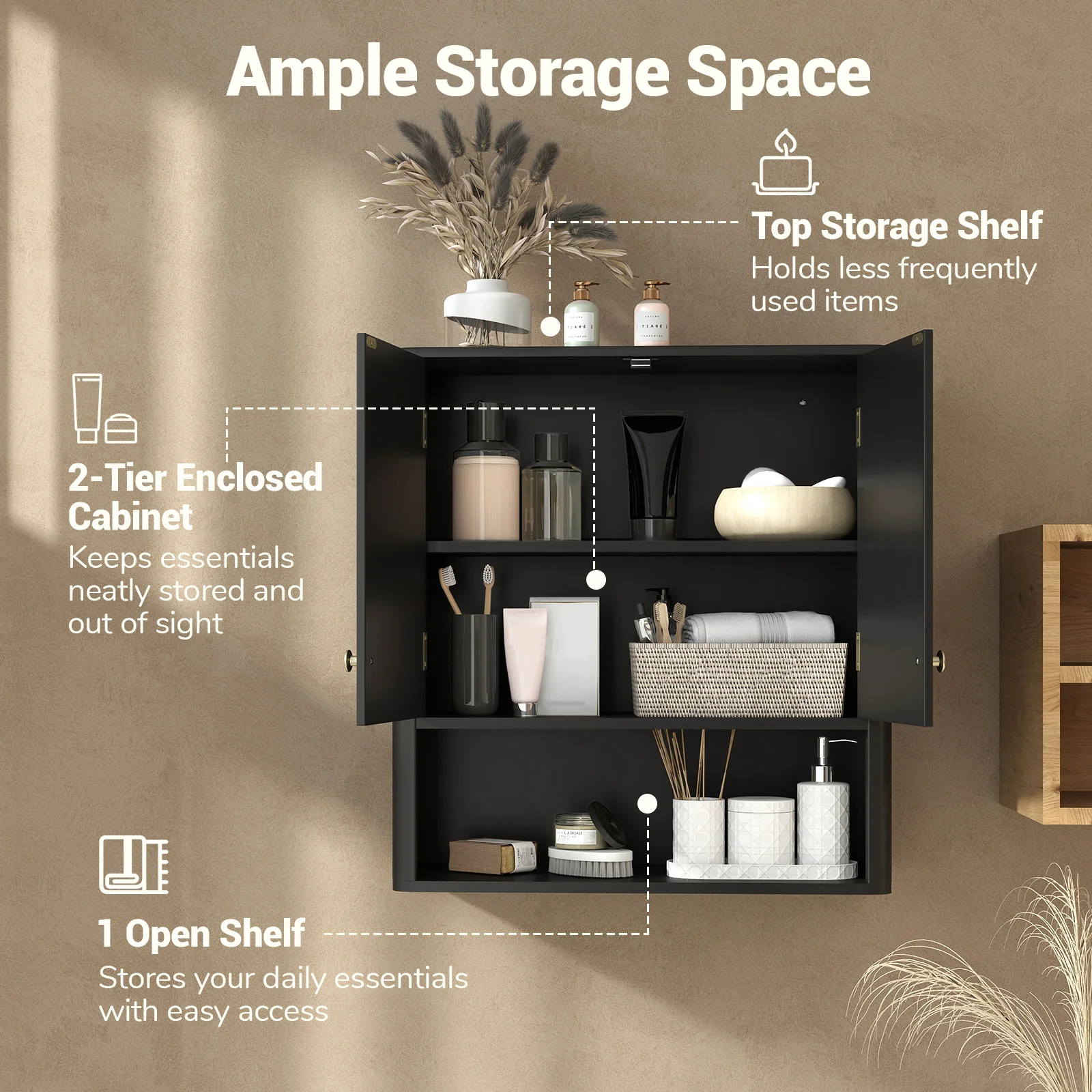 Fluted Bathroom Wall Cabinet With Open Shelf, Black - Image 9