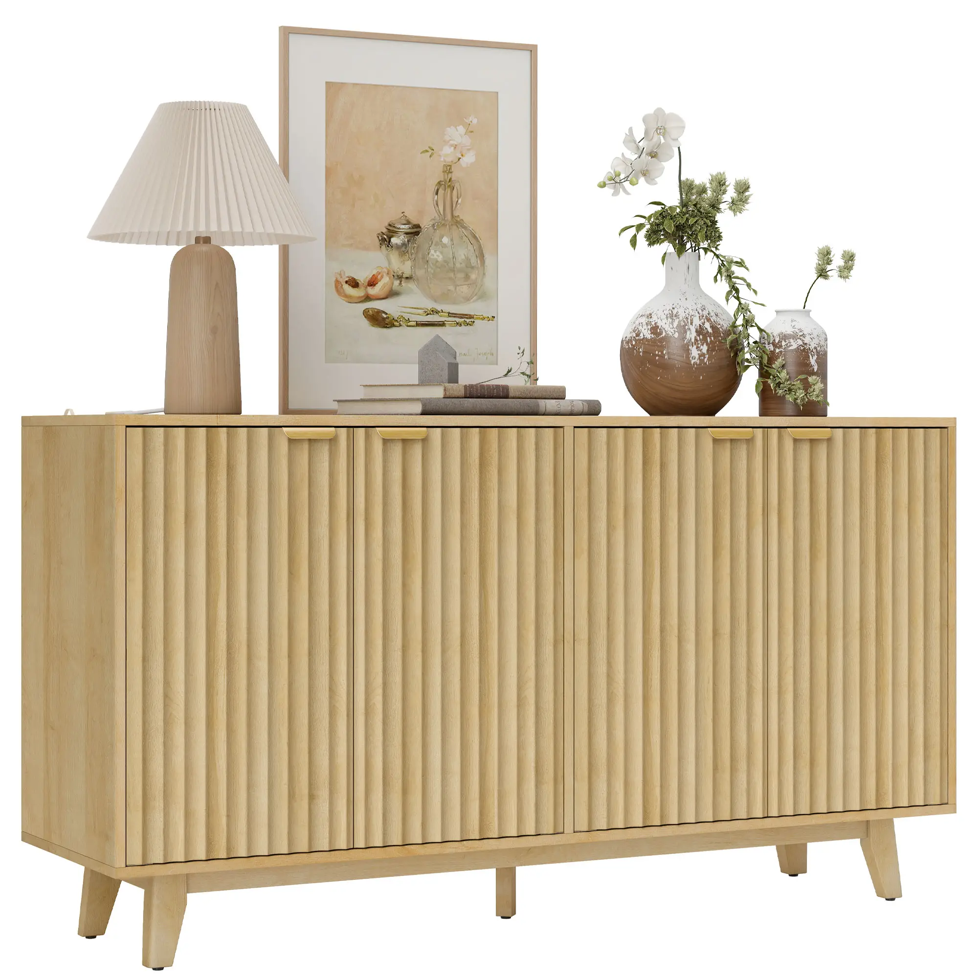 Fluted Sideboard Buffet, 55" Coffee Bar Cabinet, 4 Doors, 2 Shelves, Nature Wood - Image 11
