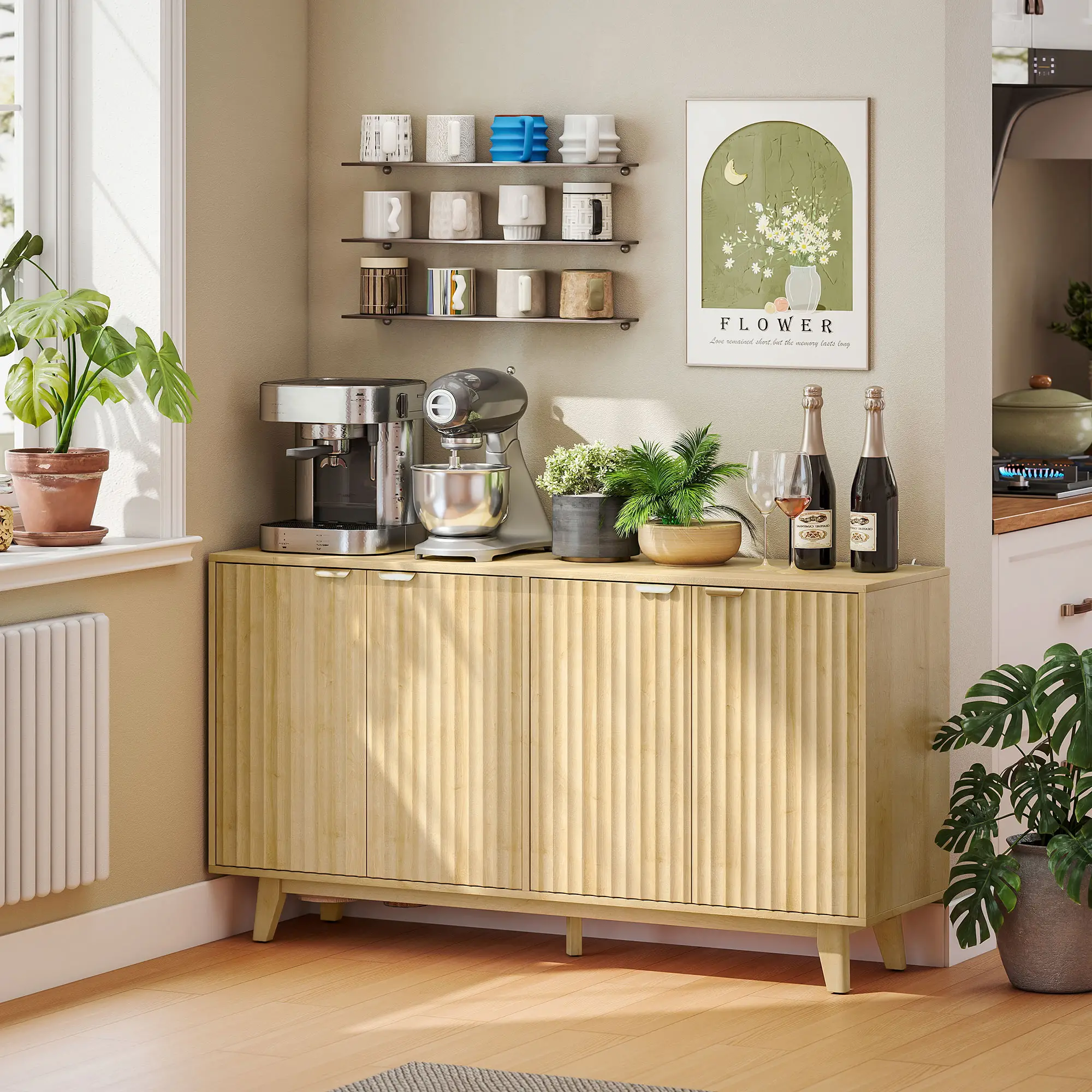 Fluted Sideboard Buffet, 55" Coffee Bar Cabinet, 4 Doors, 2 Shelves, Nature Wood - Image 8