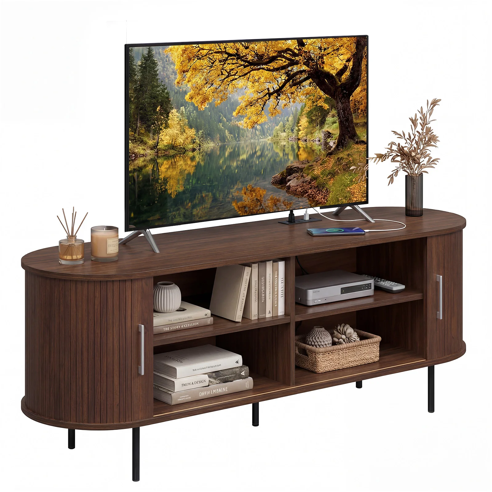 Fluted TV Stand, 60", Mid Century Curved Entertainment Center, Walnut