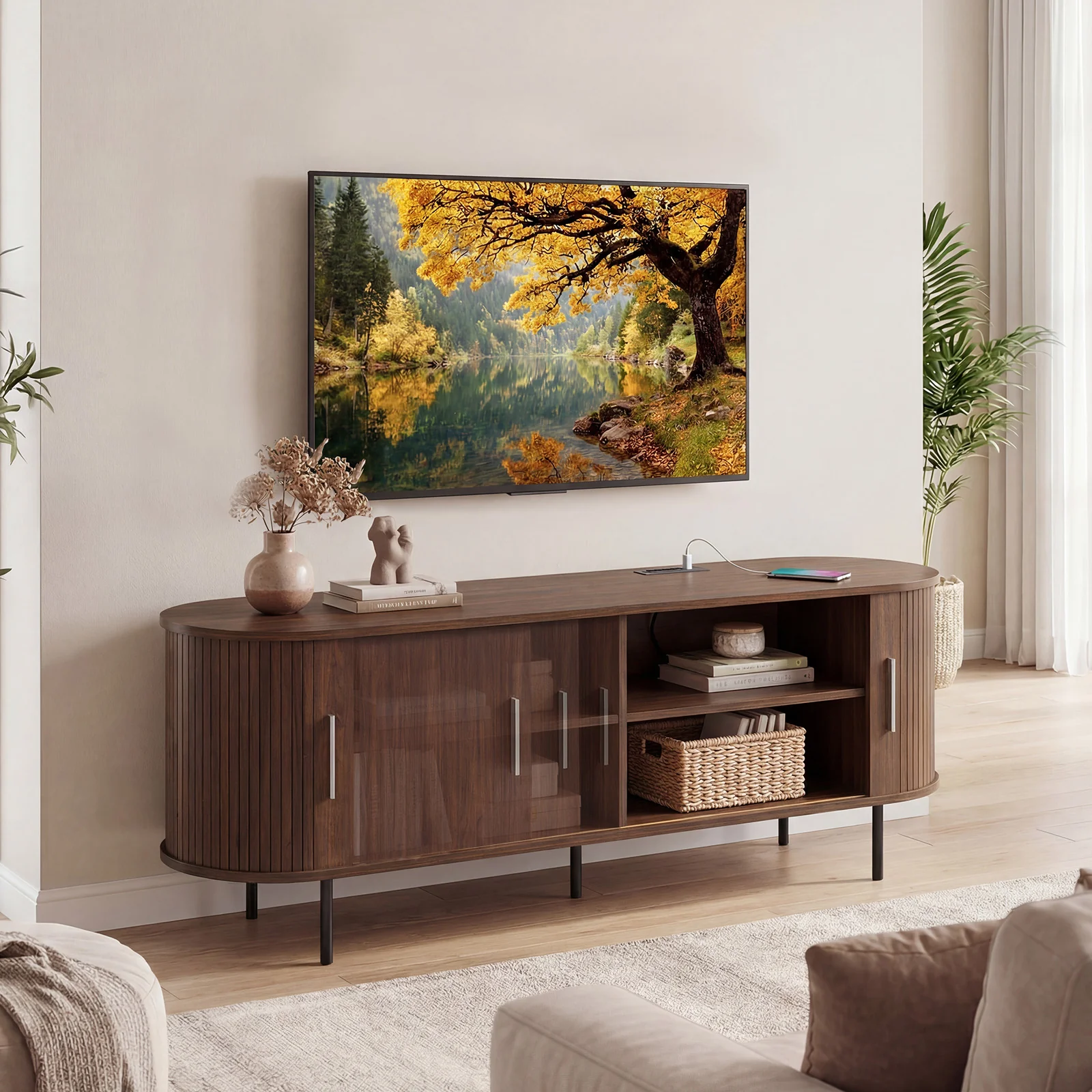 Fluted TV Stand, 60", Mid Century Curved Entertainment Center, Walnut - Image 2