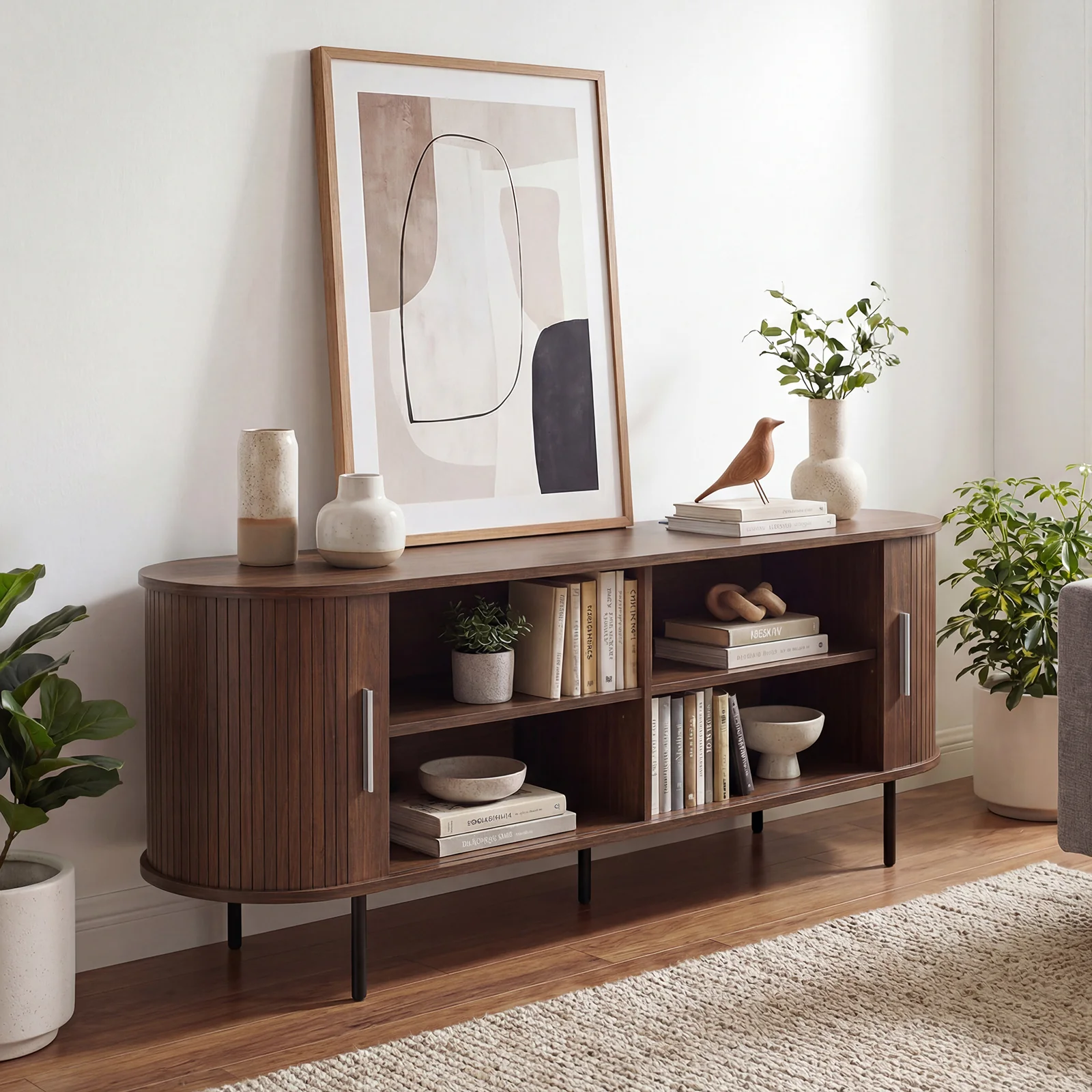 Fluted TV Stand, 60", Mid Century Curved Entertainment Center, Walnut - Image 3