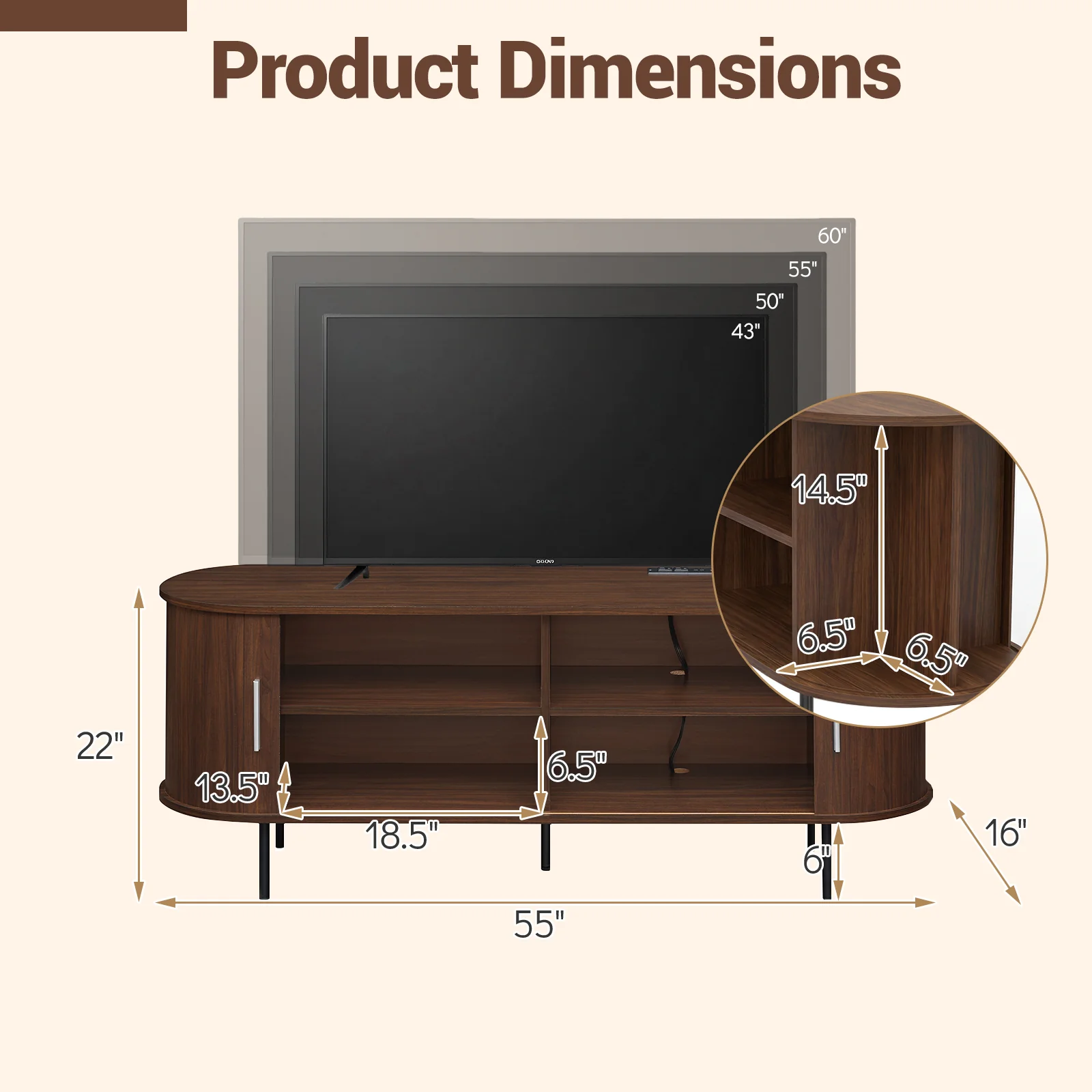 Fluted TV Stand, 60", Mid Century Curved Entertainment Center, Walnut - Image 5