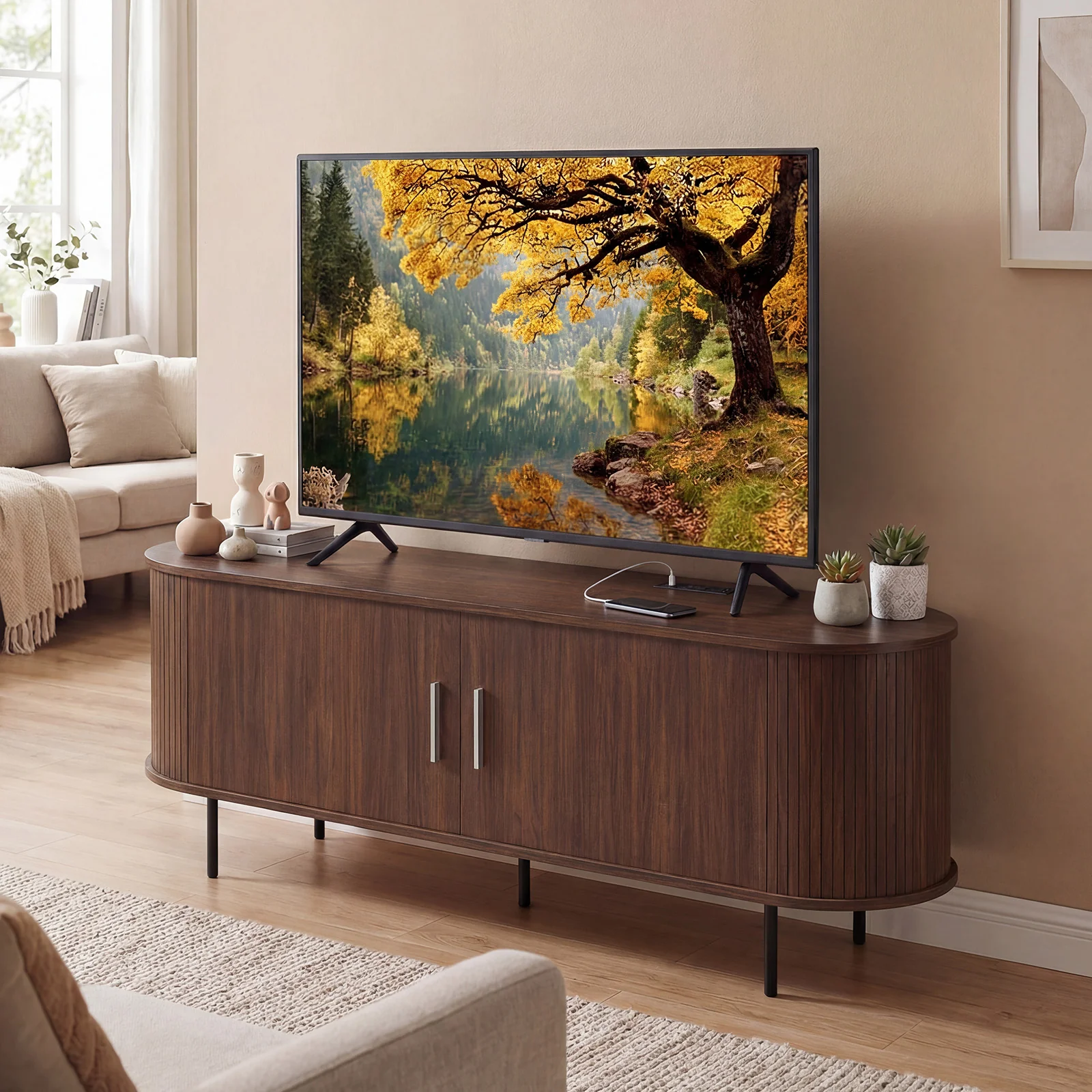 Fluted TV Stand, 60", Mid Century Curved Entertainment Center, Walnut - Image 6