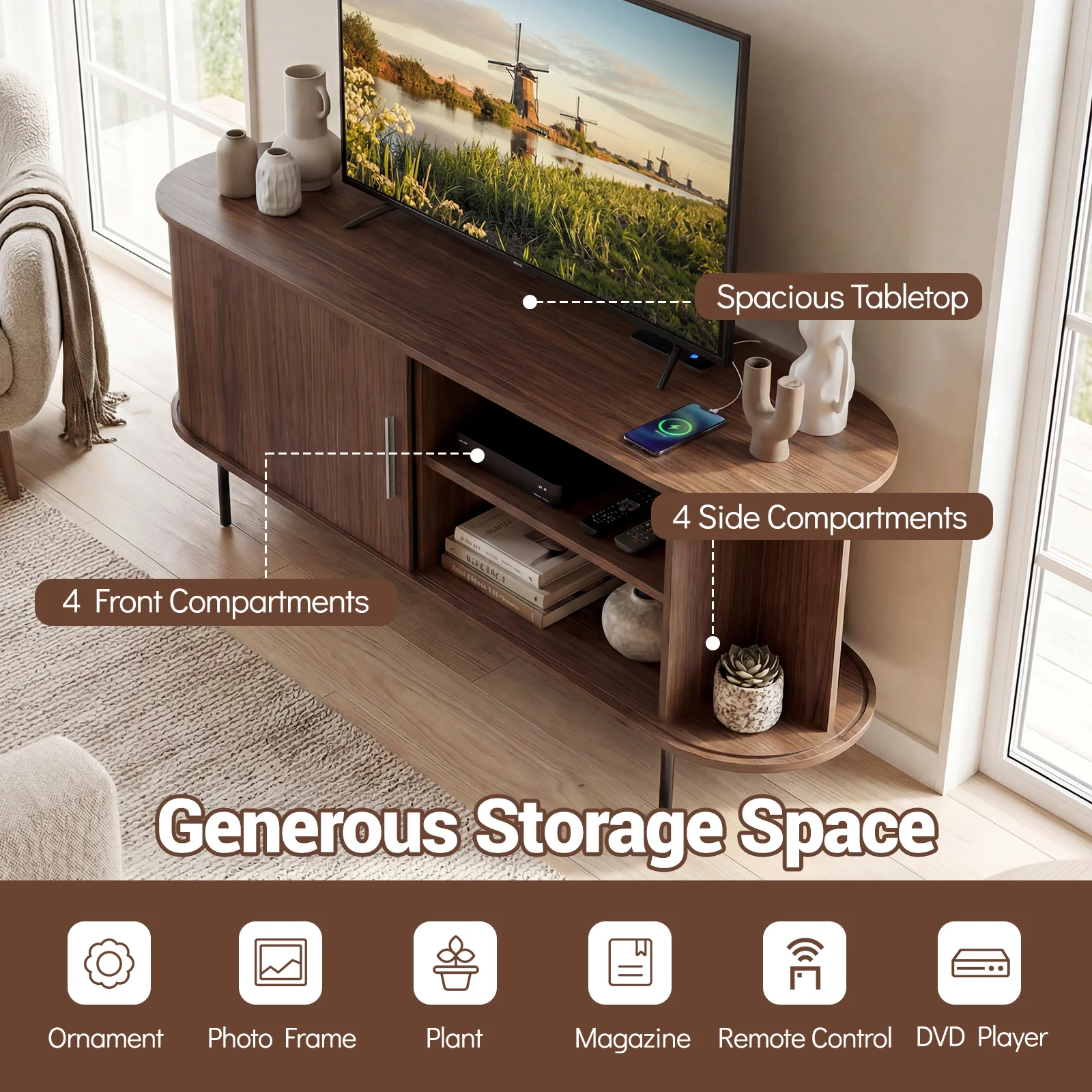 Fluted TV Stand, 60", Mid Century Curved Entertainment Center, Walnut - Image 8