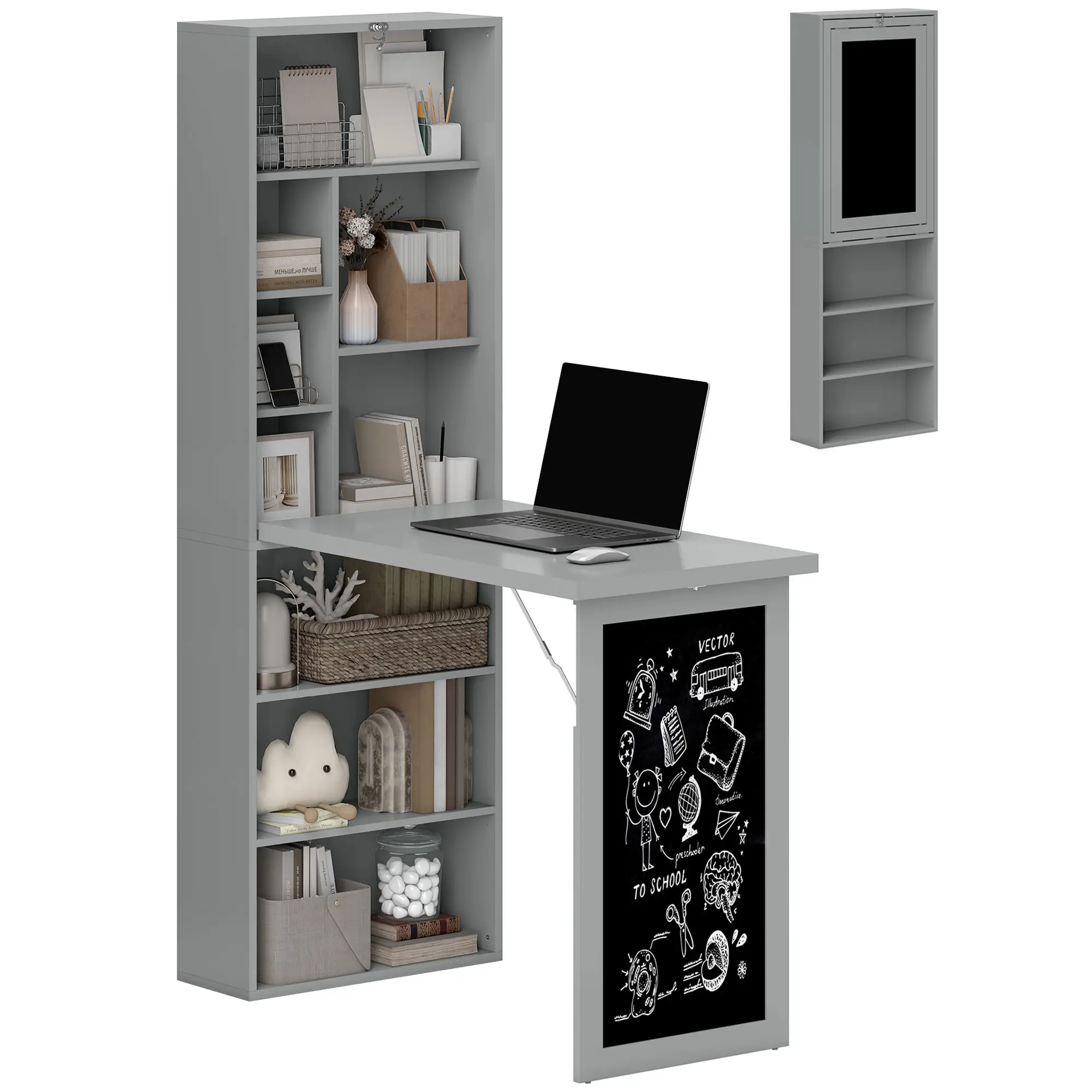 Fold-Out Convertible Office Desk, Wall Mount, Blackboard, Shelf, Charcoal Grey - Image 11