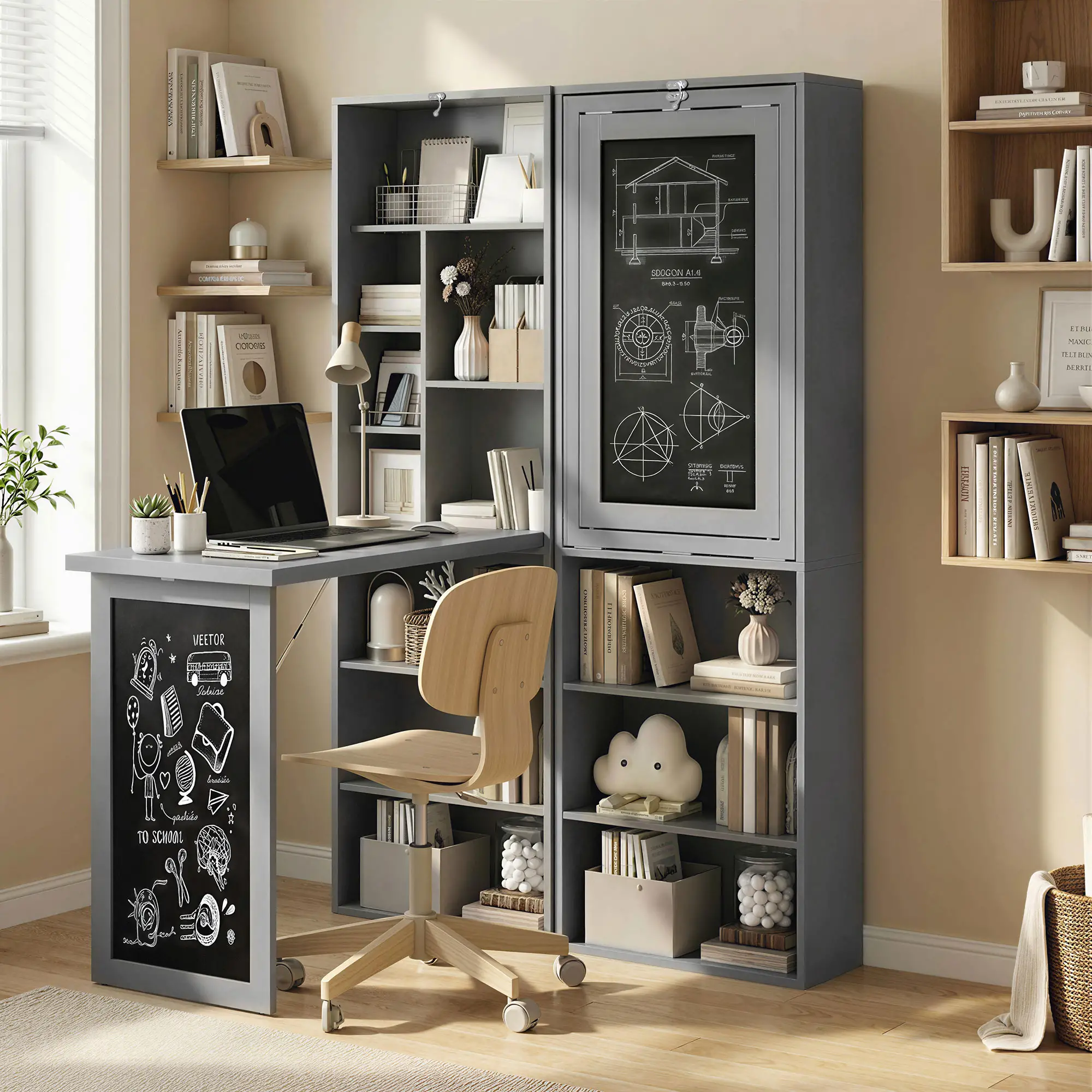 Fold-Out Convertible Office Desk, Wall Mount, Blackboard, Shelf, Charcoal Grey - Image 2