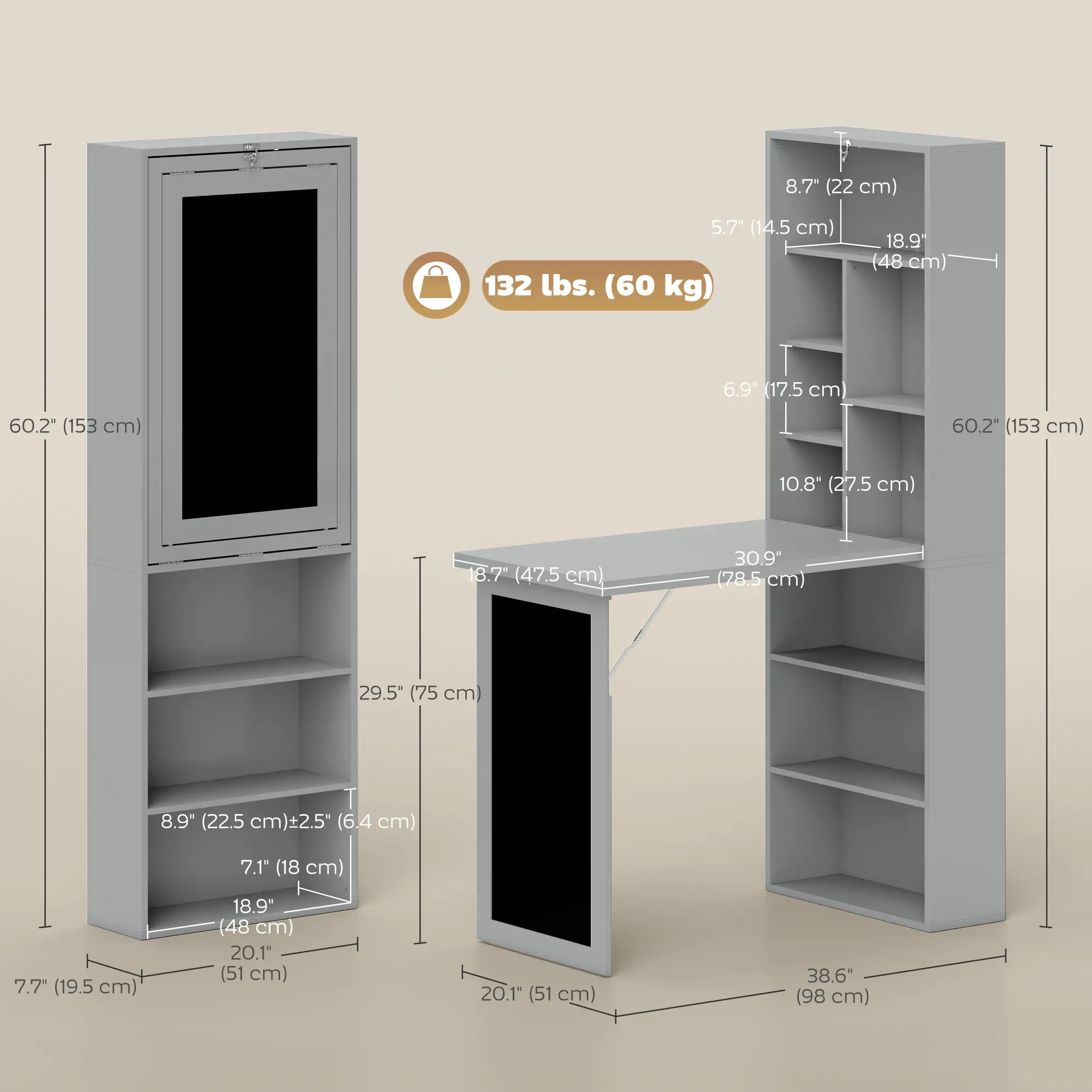 Fold-Out Convertible Office Desk, Wall Mount, Blackboard, Shelf, Charcoal Grey - Image 3