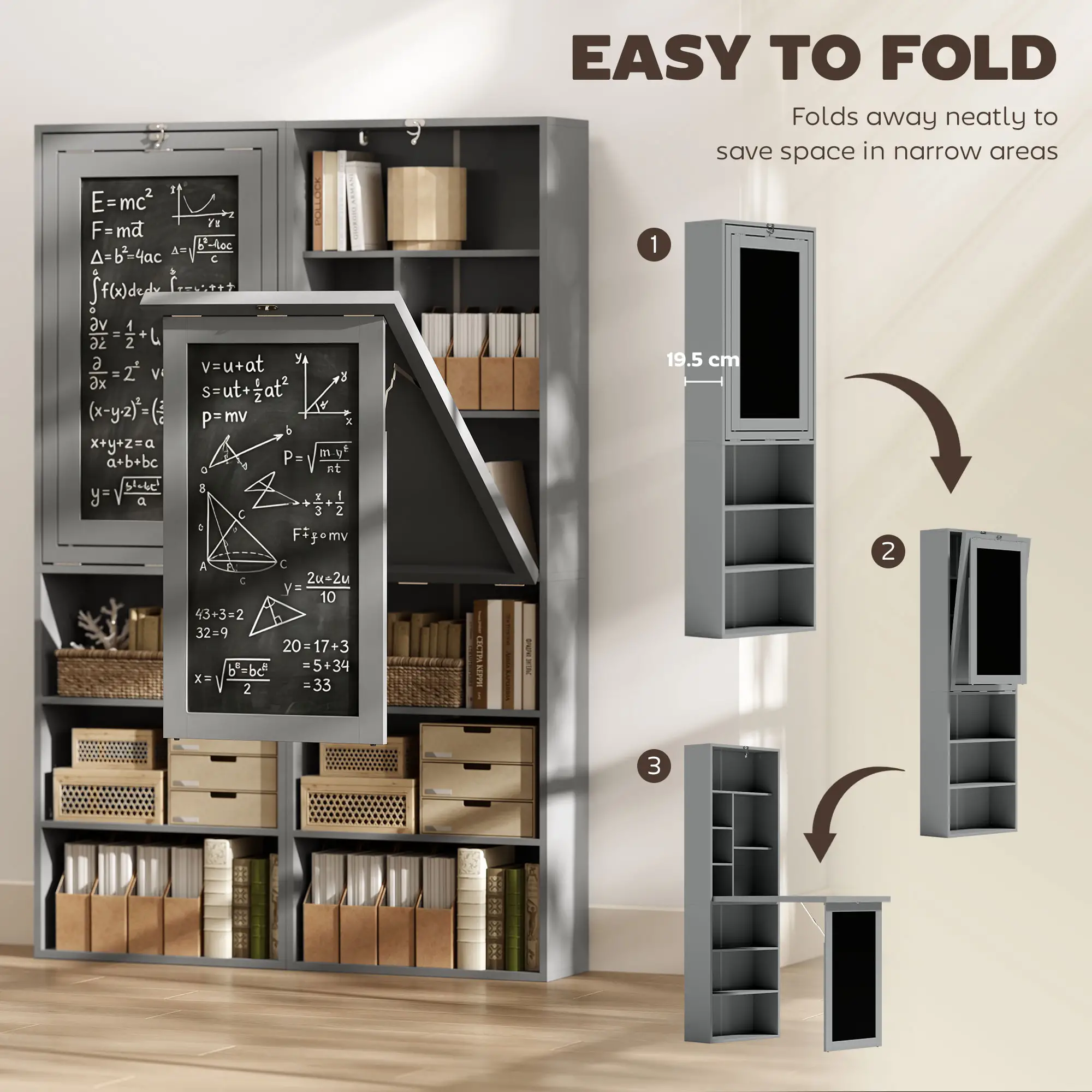 Fold-Out Convertible Office Desk, Wall Mount, Blackboard, Shelf, Charcoal Grey - Image 4