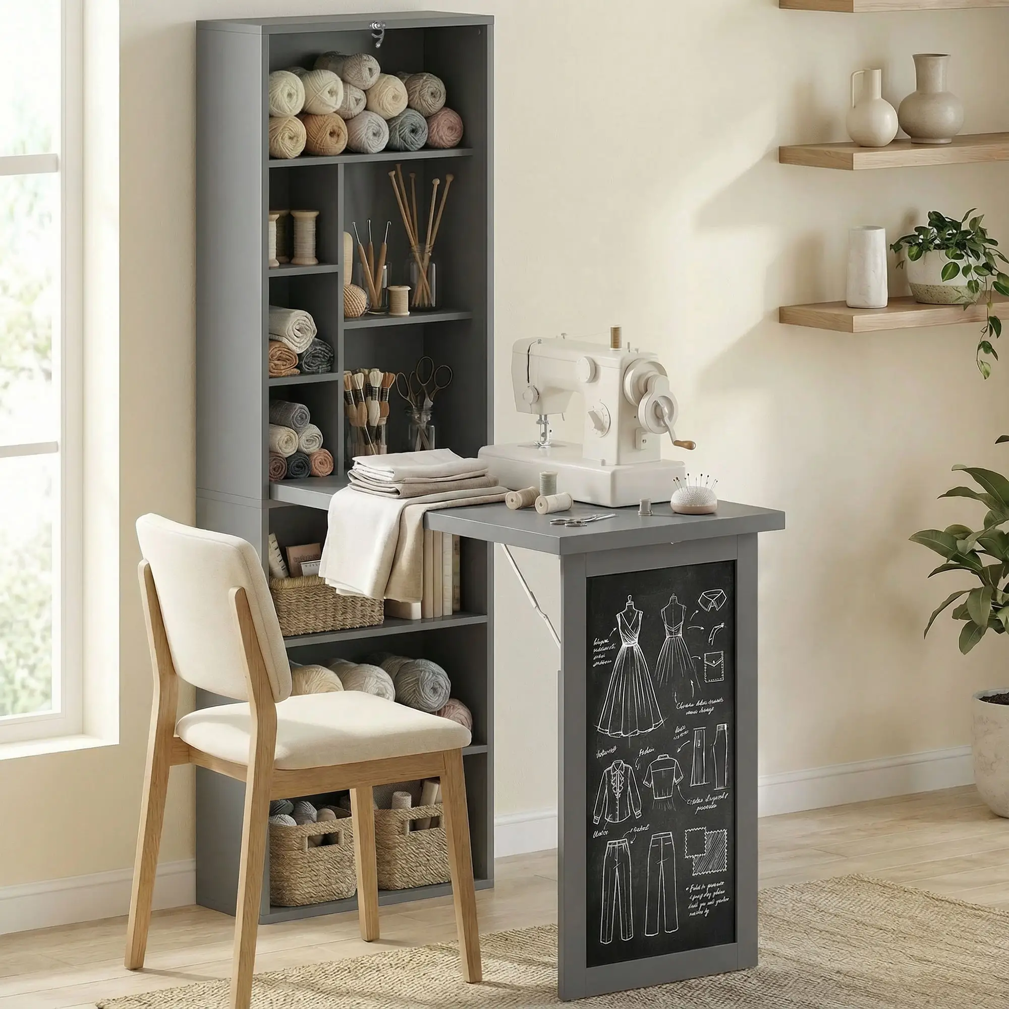 Fold-Out Convertible Office Desk, Wall Mount, Blackboard, Shelf, Charcoal Grey - Image 9