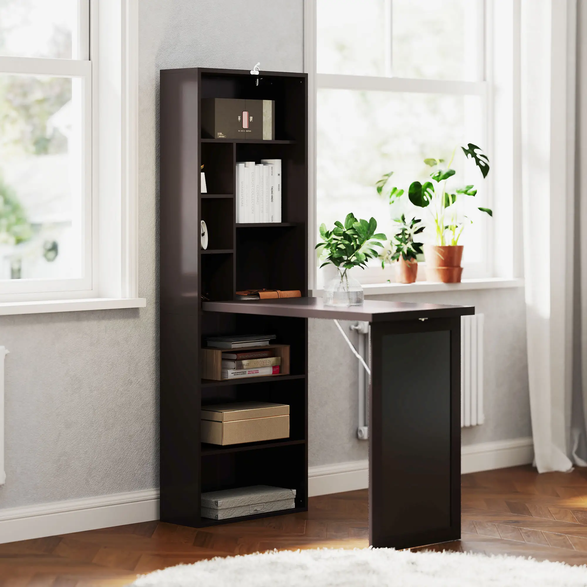 Fold-Out Convertible Office Desk, Wall Mount Computer Desk, Brown - Image 2