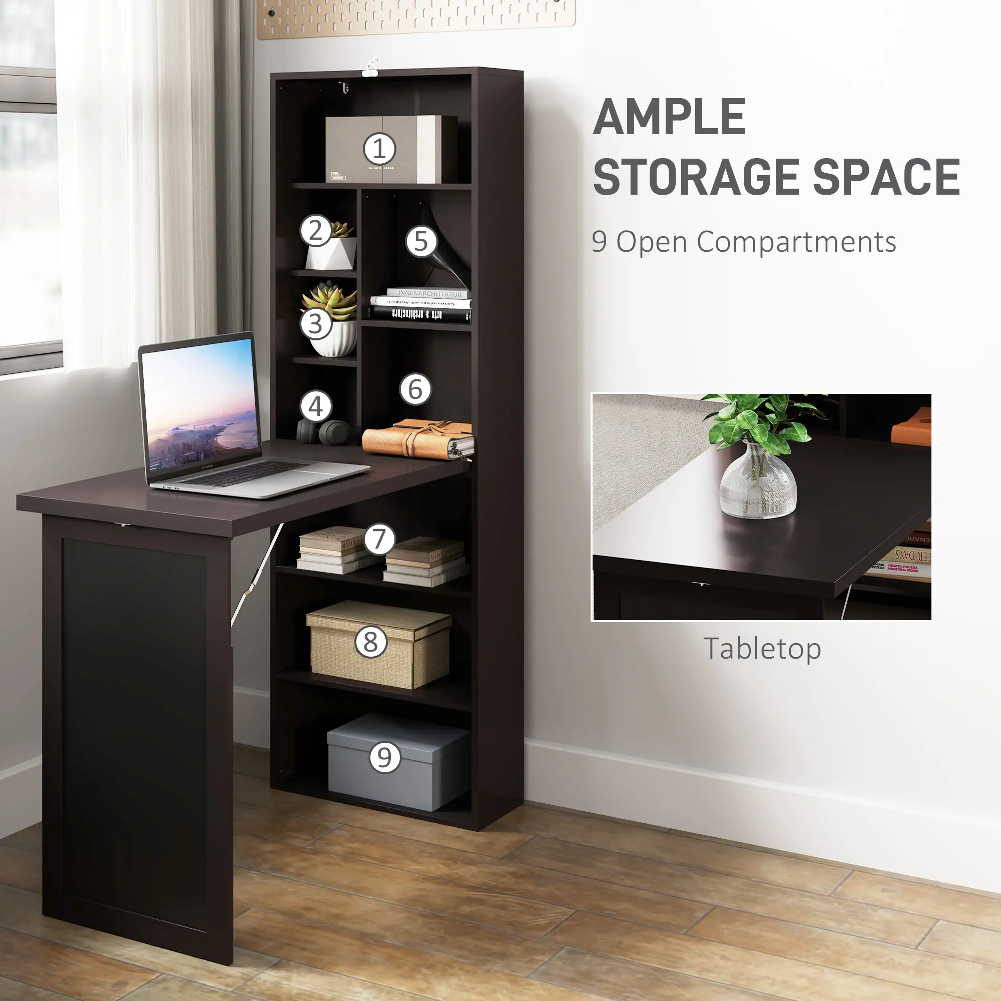 Fold-Out Convertible Office Desk, Wall Mount Computer Desk, Brown - Image 5