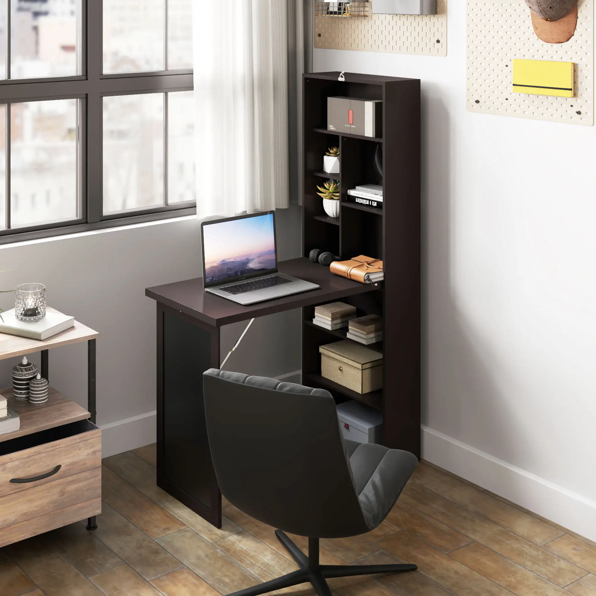 Fold-Out Convertible Office Desk, Wall Mount Computer Desk, Brown - Image 8