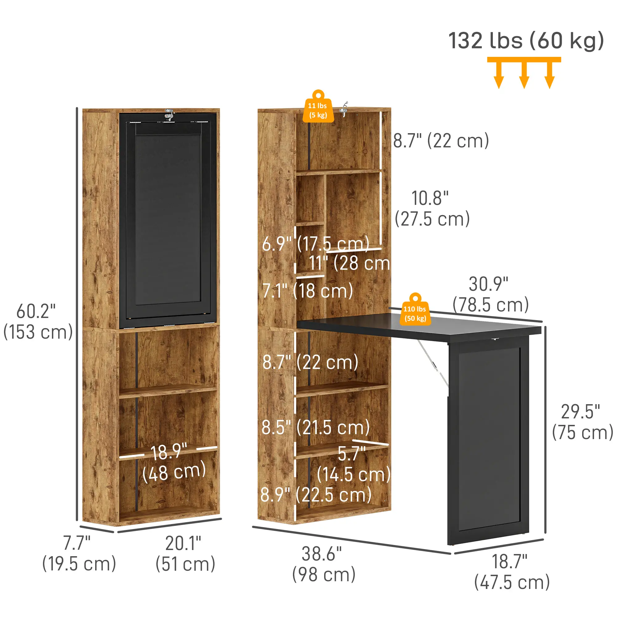 Fold-Out Convertible Office Desk, Wall Mount Computer Desk, Rustic Brown - Image 3