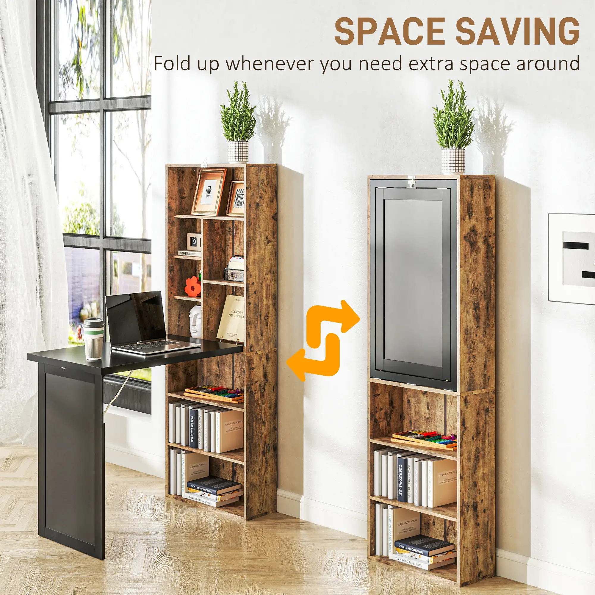Fold-Out Convertible Office Desk, Wall Mount Computer Desk, Rustic Brown - Image 4