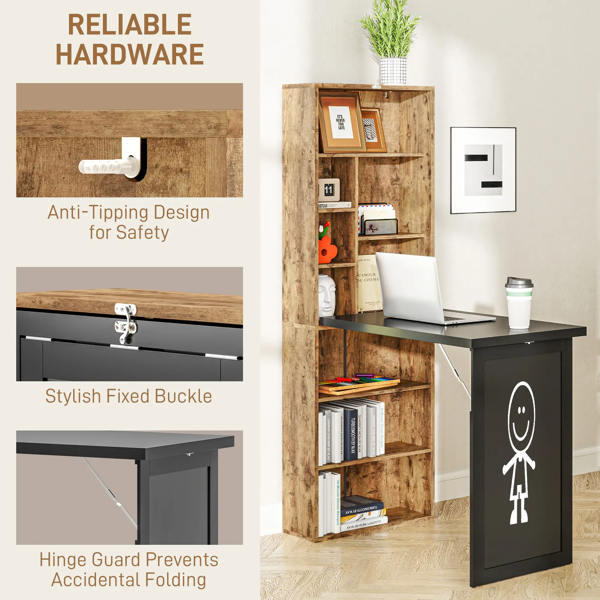 Fold-Out Convertible Office Desk, Wall Mount Computer Desk, Rustic Brown - Image 7
