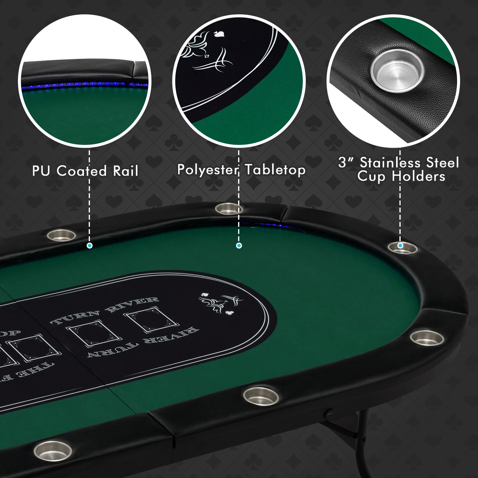 Foldable 10-Player Poker Table, LED Lights, USB Ports, Green - Image 10
