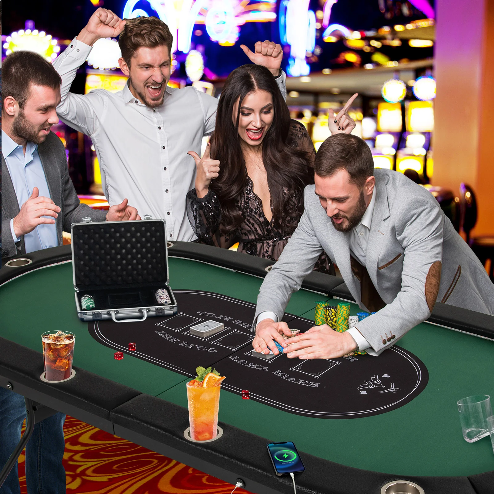Foldable 10-Player Poker Table, LED Lights, USB Ports, Green - Image 3