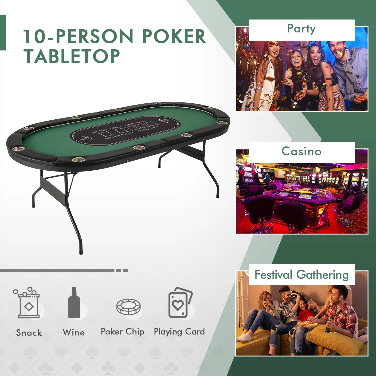 Foldable 10-Player Poker Table, LED Lights, USB Ports, Green - Image 7