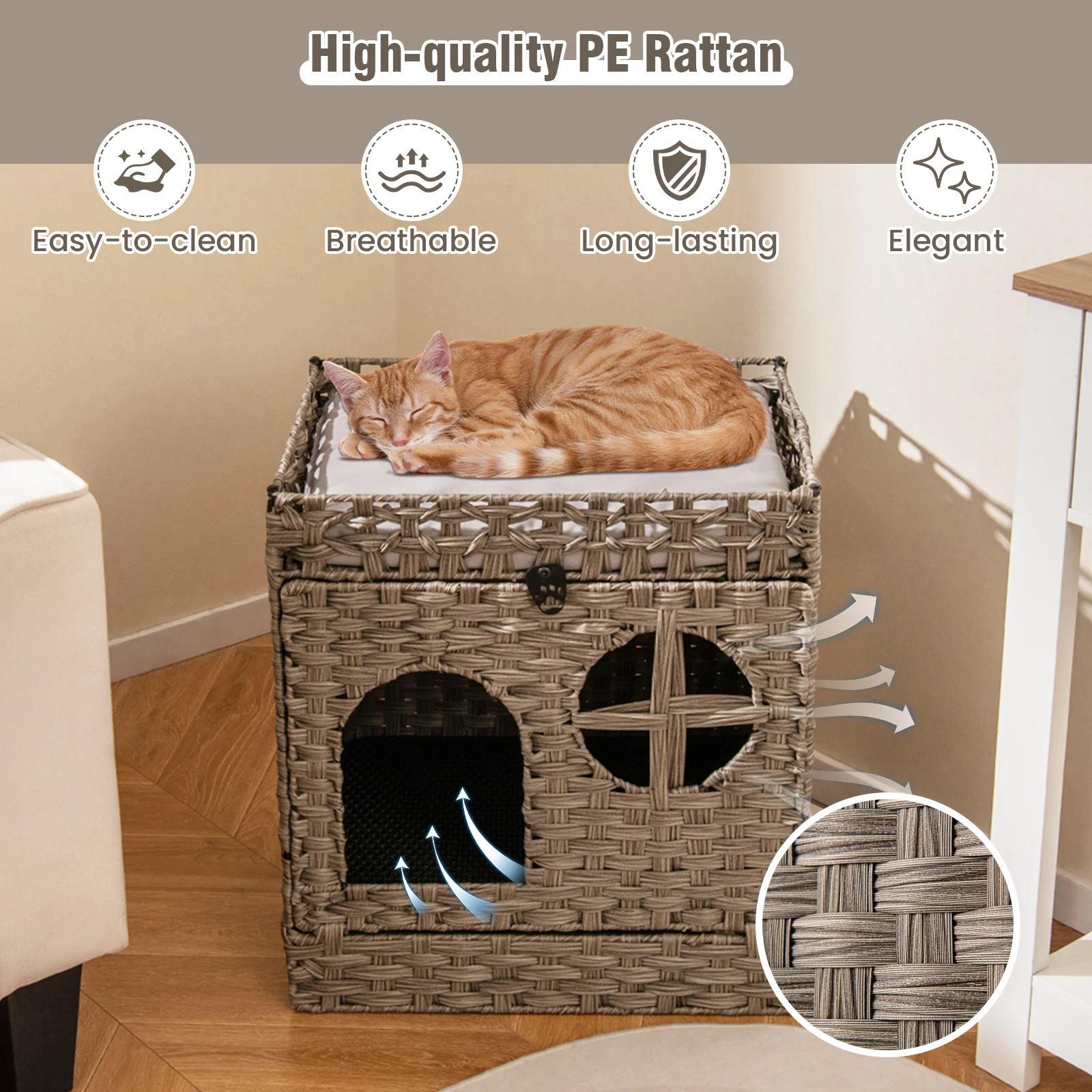 Foldable 2-Tier Rattan Cat Litter Box Enclosure With Mat, Gray - Image 10