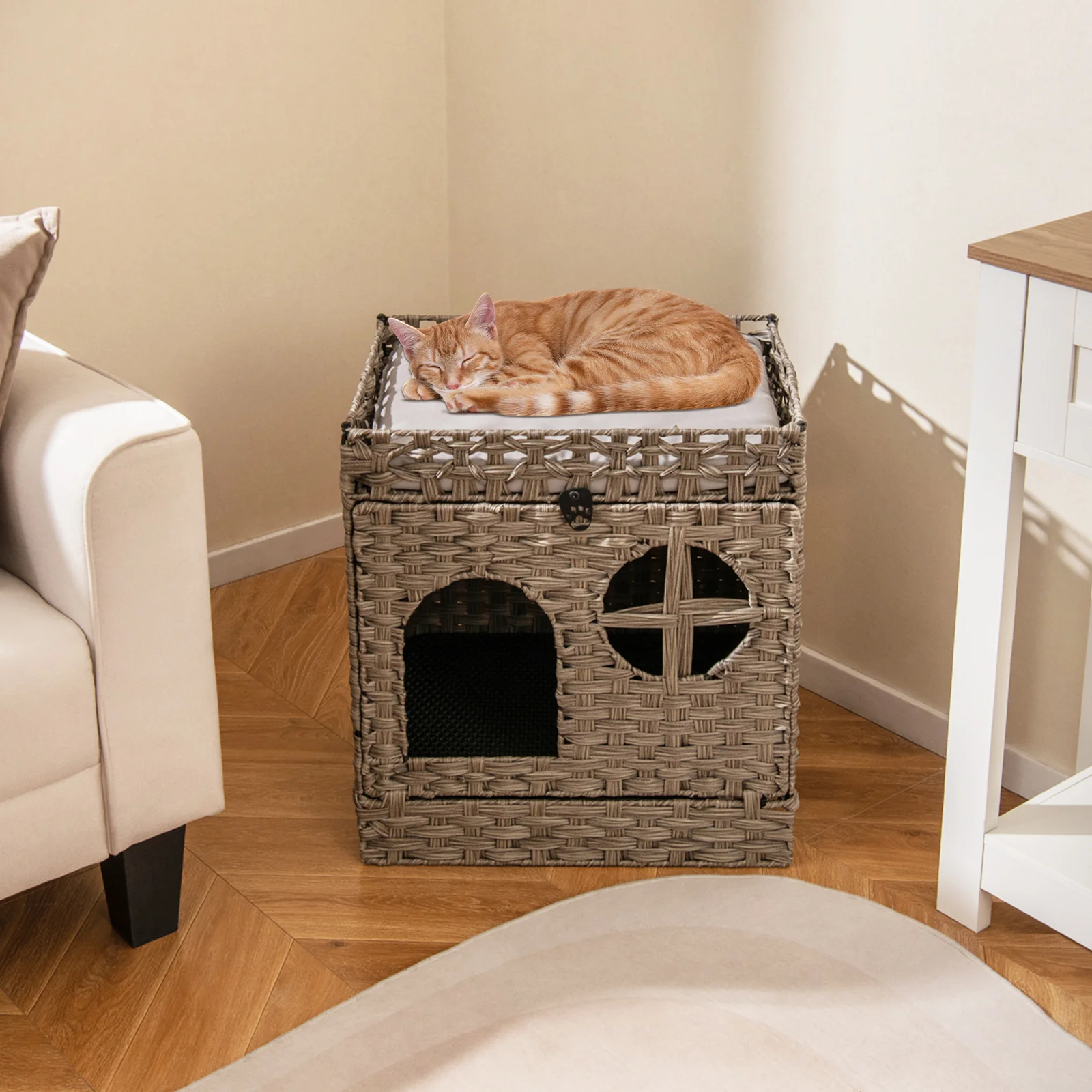 Foldable 2-Tier Rattan Cat Litter Box Enclosure With Mat, Gray - Image 2