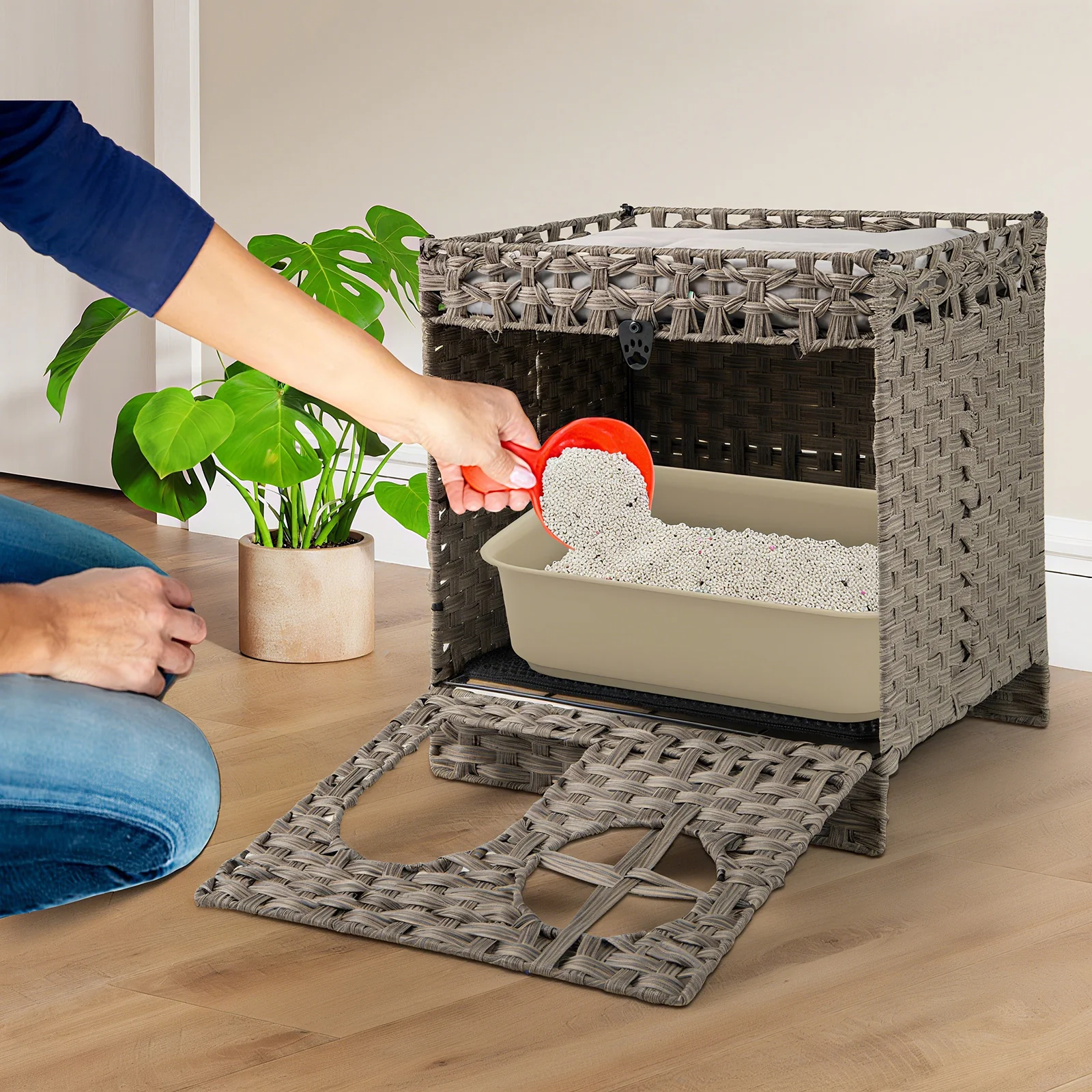 Foldable 2-Tier Rattan Cat Litter Box Enclosure With Mat, Gray - Image 3