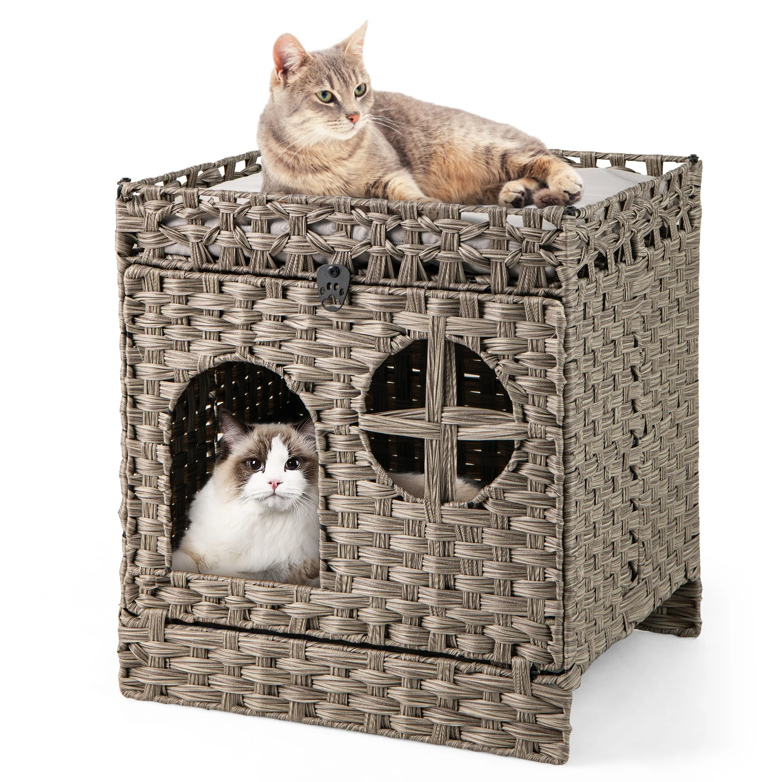 Foldable 2-Tier Rattan Cat Litter Box Enclosure With Mat, Gray - Image 4