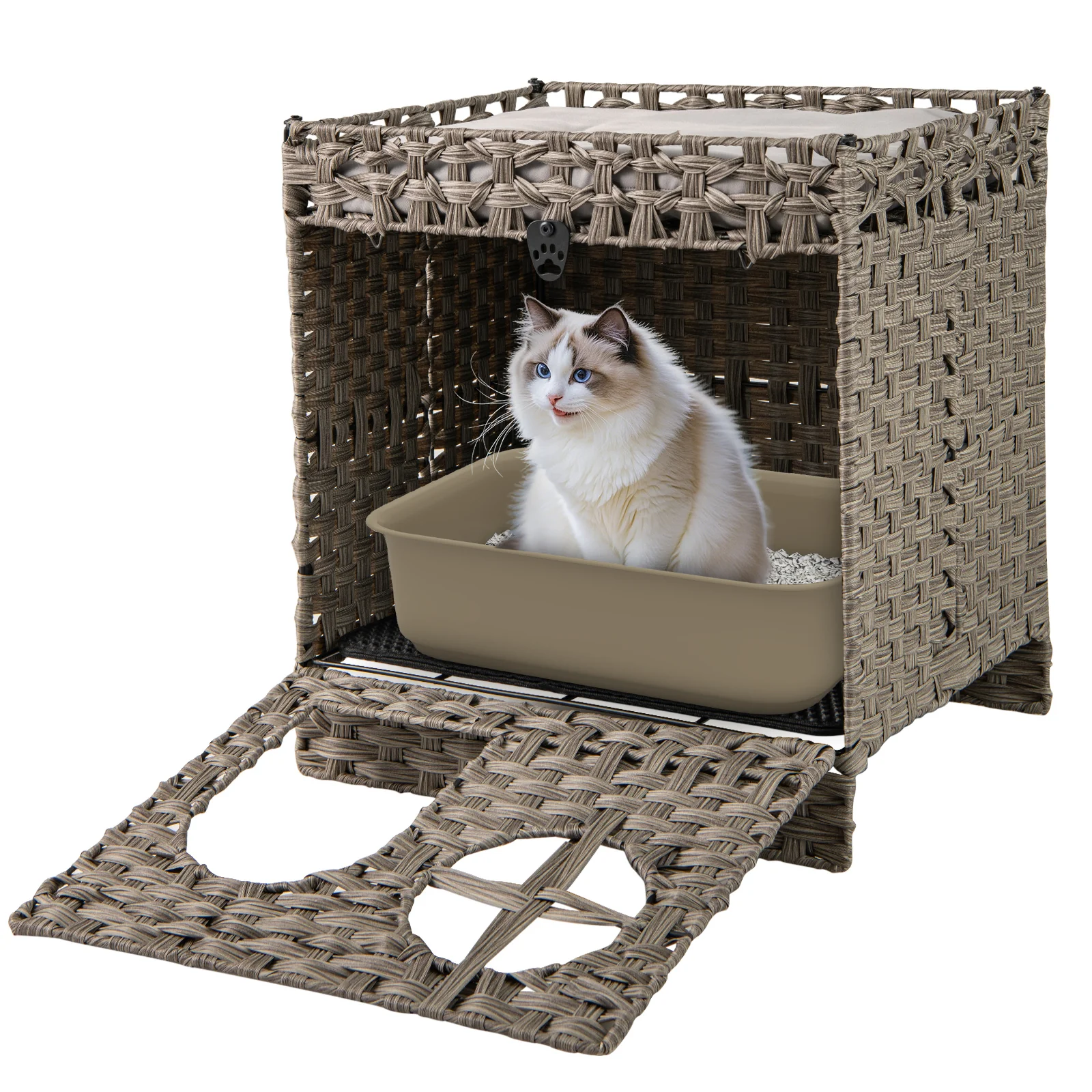 Foldable 2-Tier Rattan Cat Litter Box Enclosure With Mat, Gray - Image 5