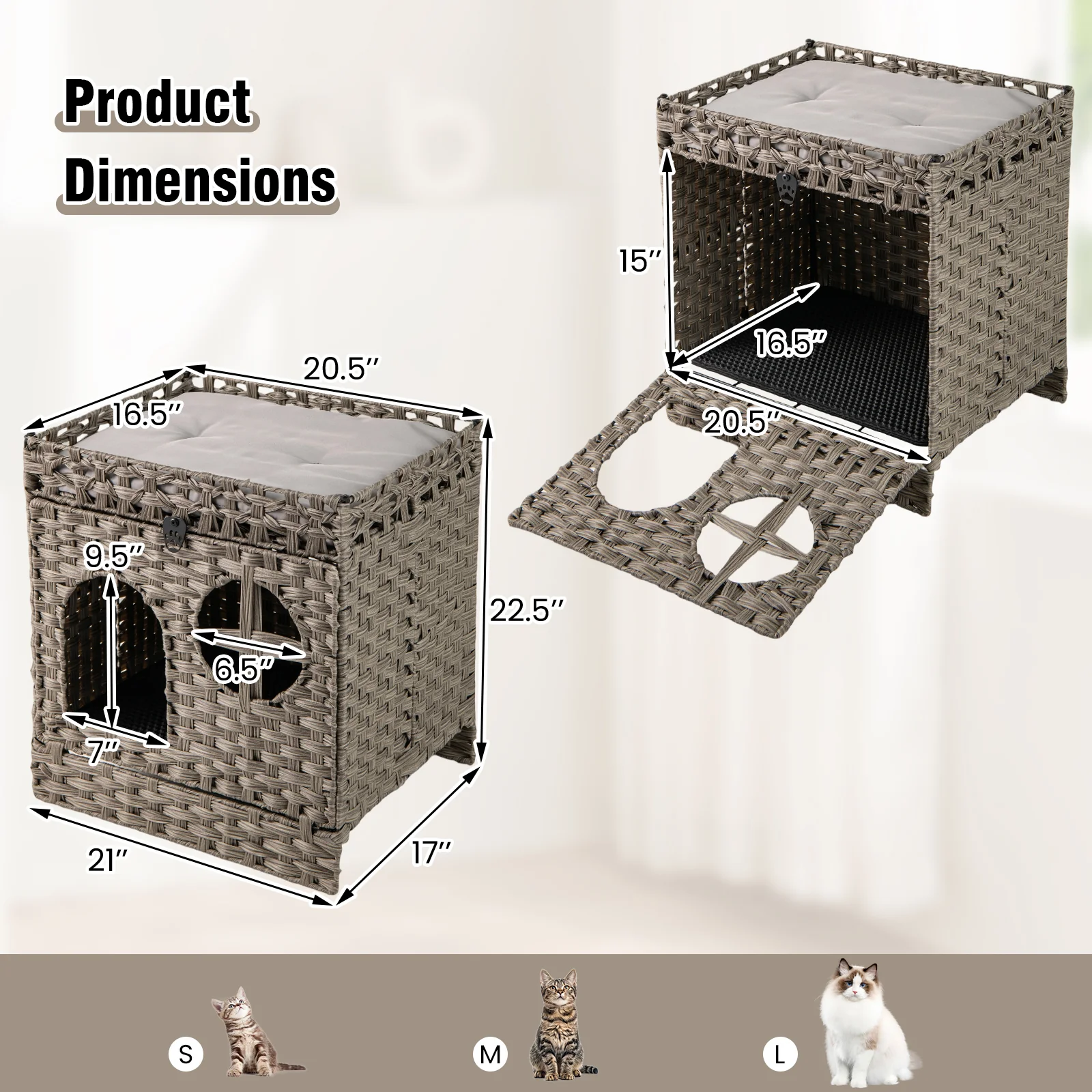 Foldable 2-Tier Rattan Cat Litter Box Enclosure With Mat, Gray - Image 6