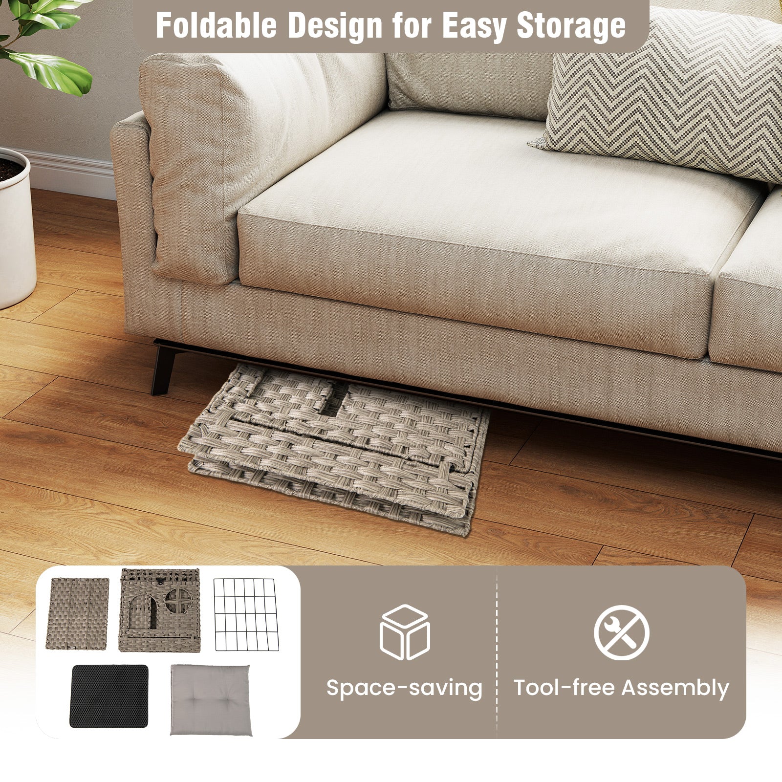 Foldable 2-Tier Rattan Cat Litter Box Enclosure With Mat, Gray - Image 7
