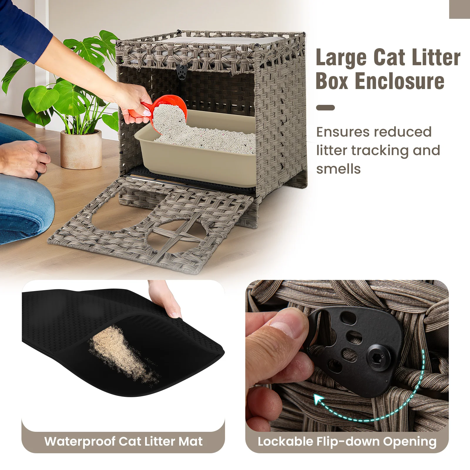 Foldable 2-Tier Rattan Cat Litter Box Enclosure With Mat, Gray - Image 8