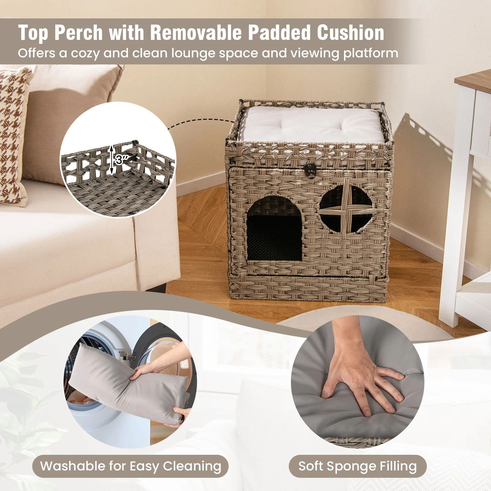Foldable 2-Tier Rattan Cat Litter Box Enclosure With Mat, Gray - Image 9