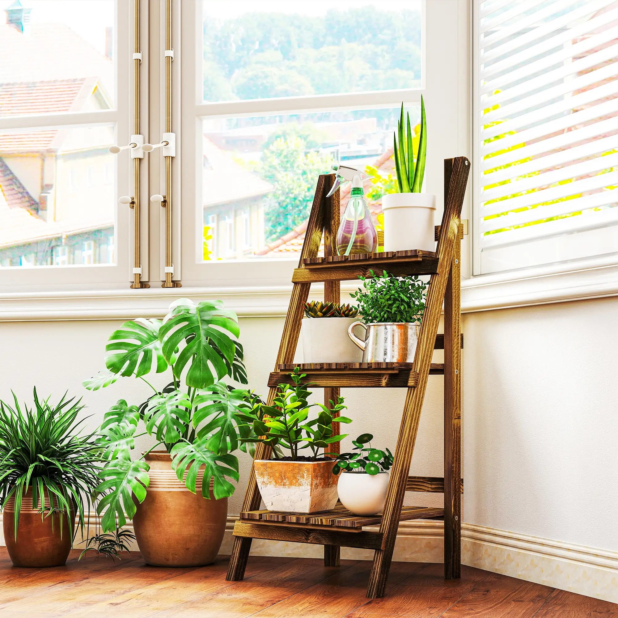 Foldable 3-Tier Wooden Plant Stand, Garden Indoor Outdoor, 16" x 15" x 37" - Image 2