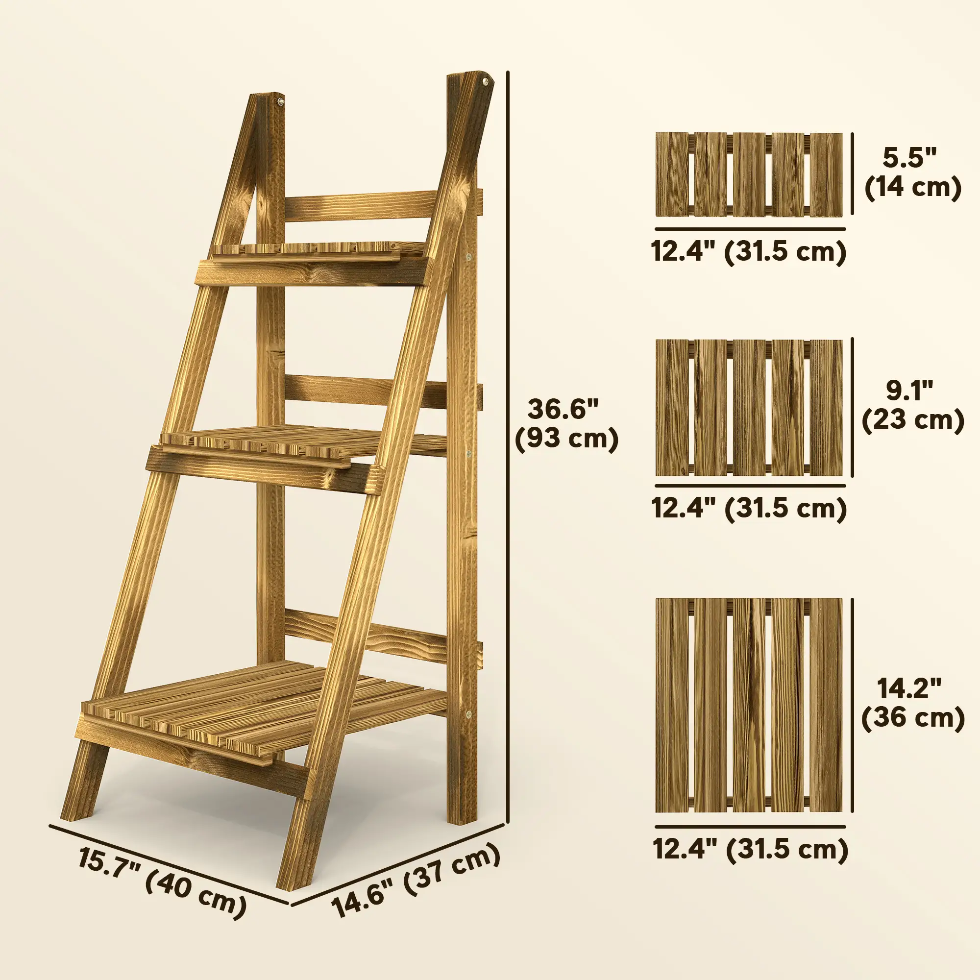 Foldable 3-Tier Wooden Plant Stand, Garden Indoor Outdoor, 16" x 15" x 37" - Image 3