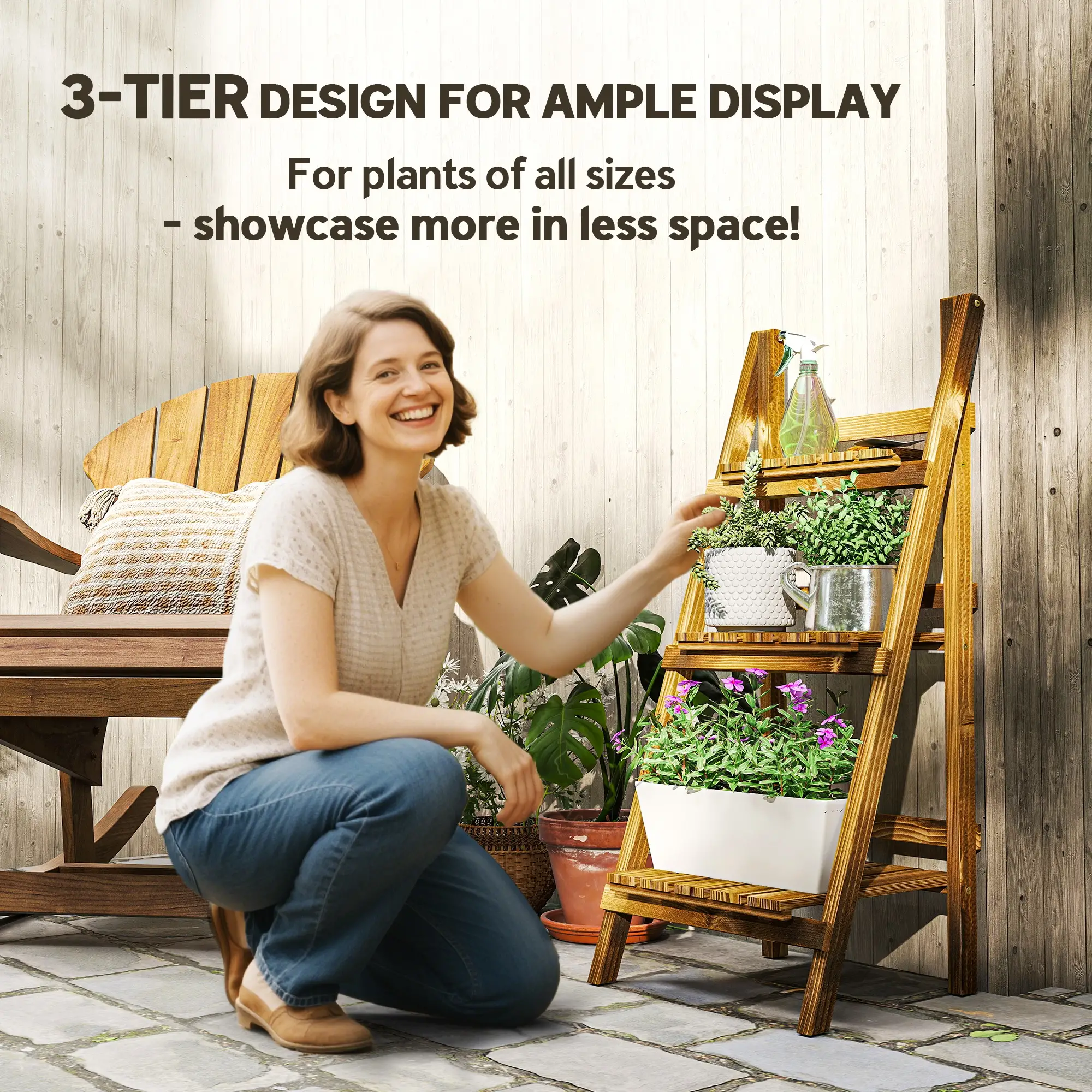 Foldable 3-Tier Wooden Plant Stand, Garden Indoor Outdoor, 16" x 15" x 37" - Image 4