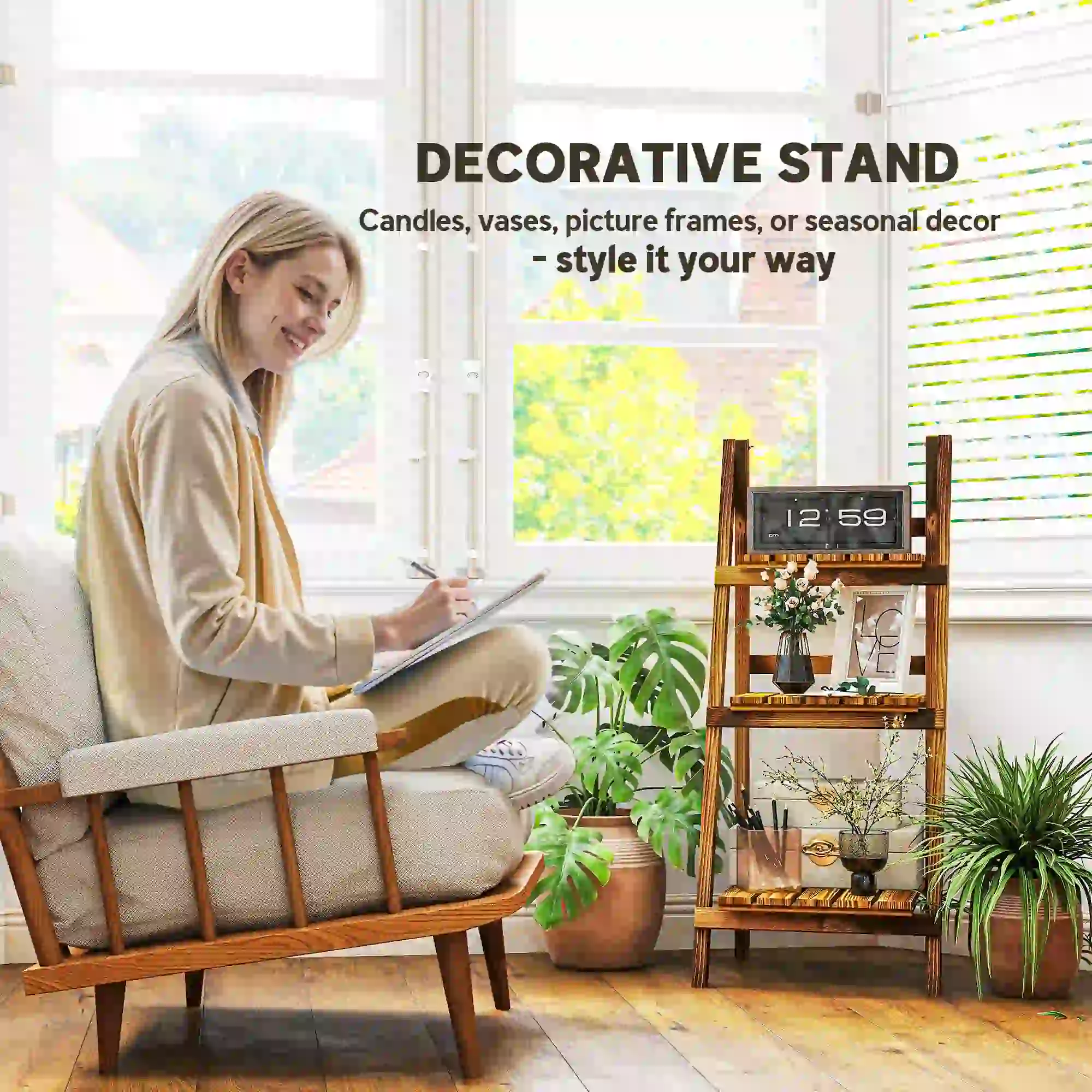 Foldable 3-Tier Wooden Plant Stand, Garden Indoor Outdoor, 16" x 15" x 37" - Image 6