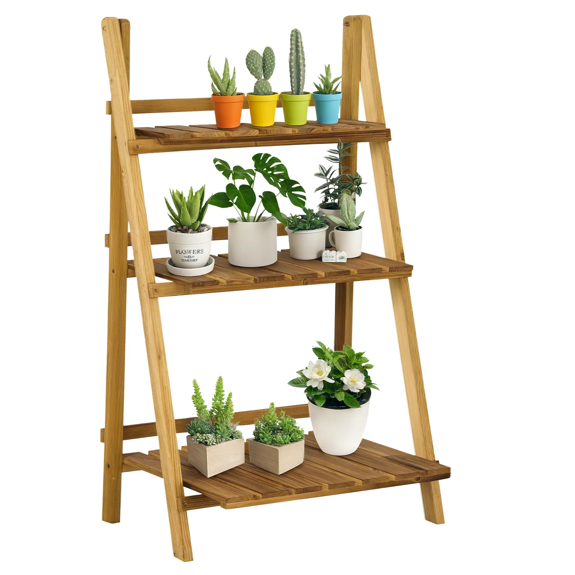 Foldable 3-Tier Wooden Plant Stand, Garden Indoor Outdoor, 24" x 14" x 37"