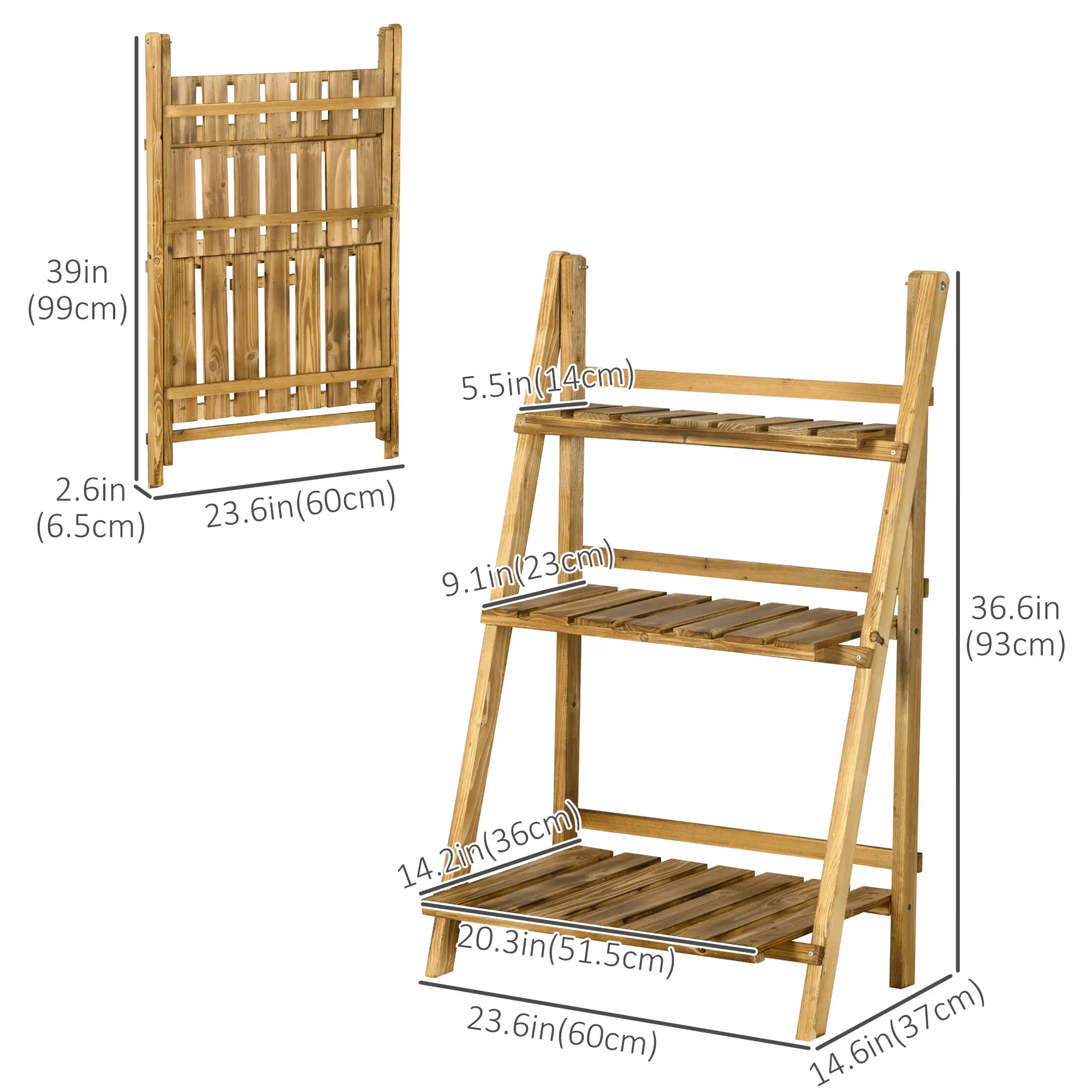 Foldable 3-Tier Wooden Plant Stand, Garden Indoor Outdoor, 24" x 14" x 37" - Image 3
