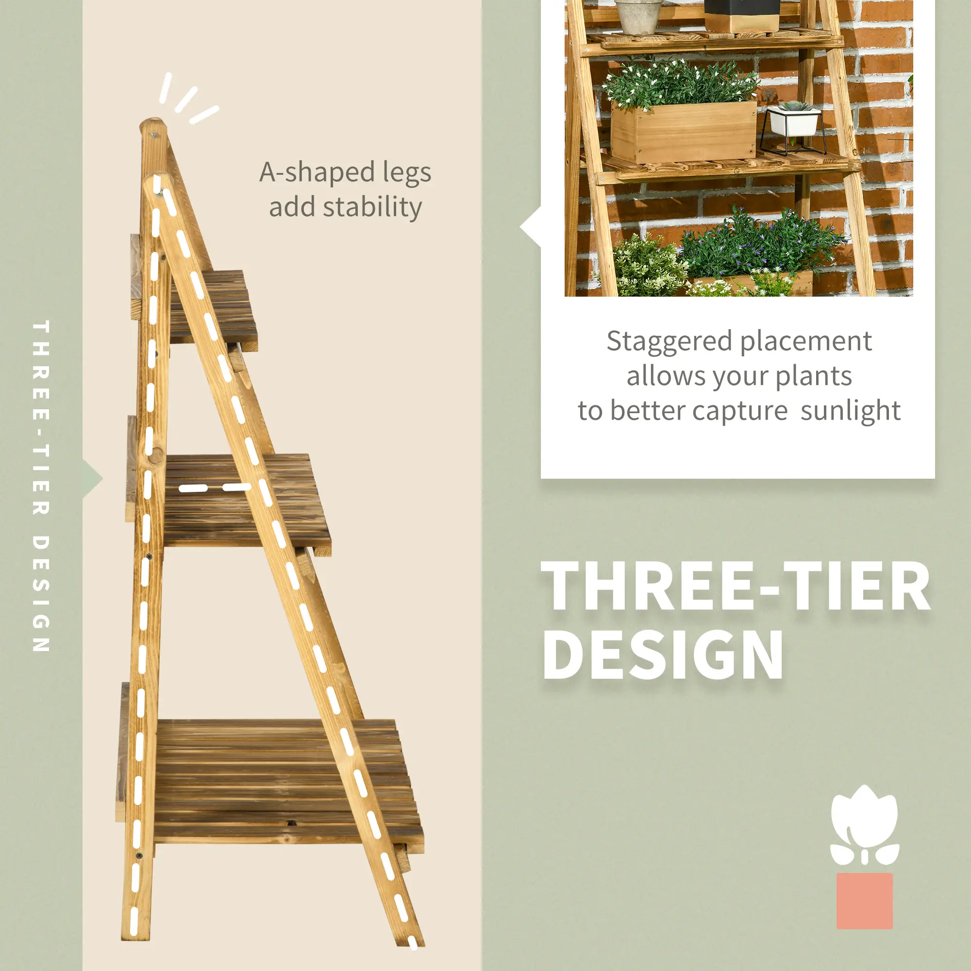 Foldable 3-Tier Wooden Plant Stand, Garden Indoor Outdoor, 24" x 14" x 37" - Image 5