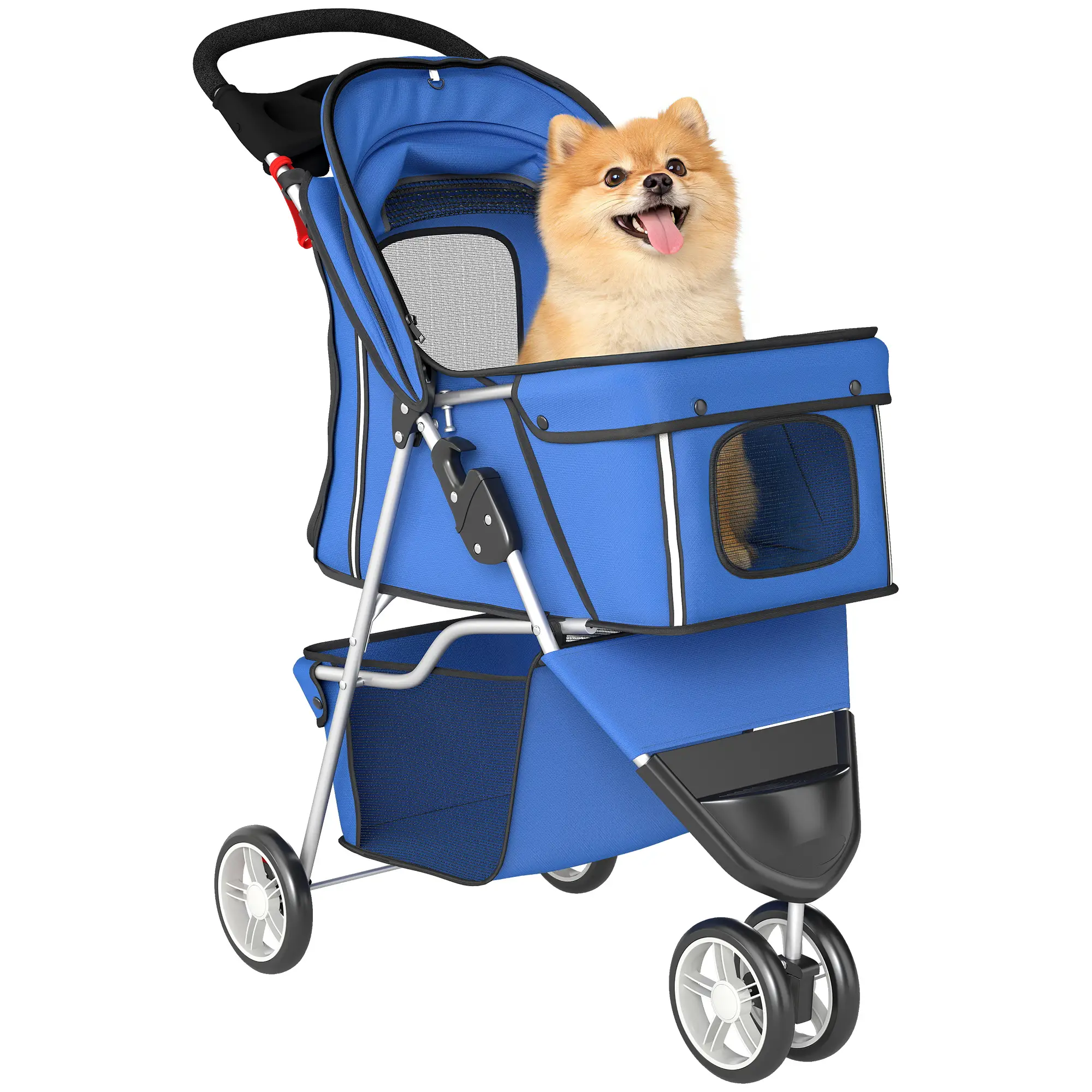 Foldable 3 Wheel Dog Stroller, Storage Basket, Adjustable Canopy, Blue - Image 11