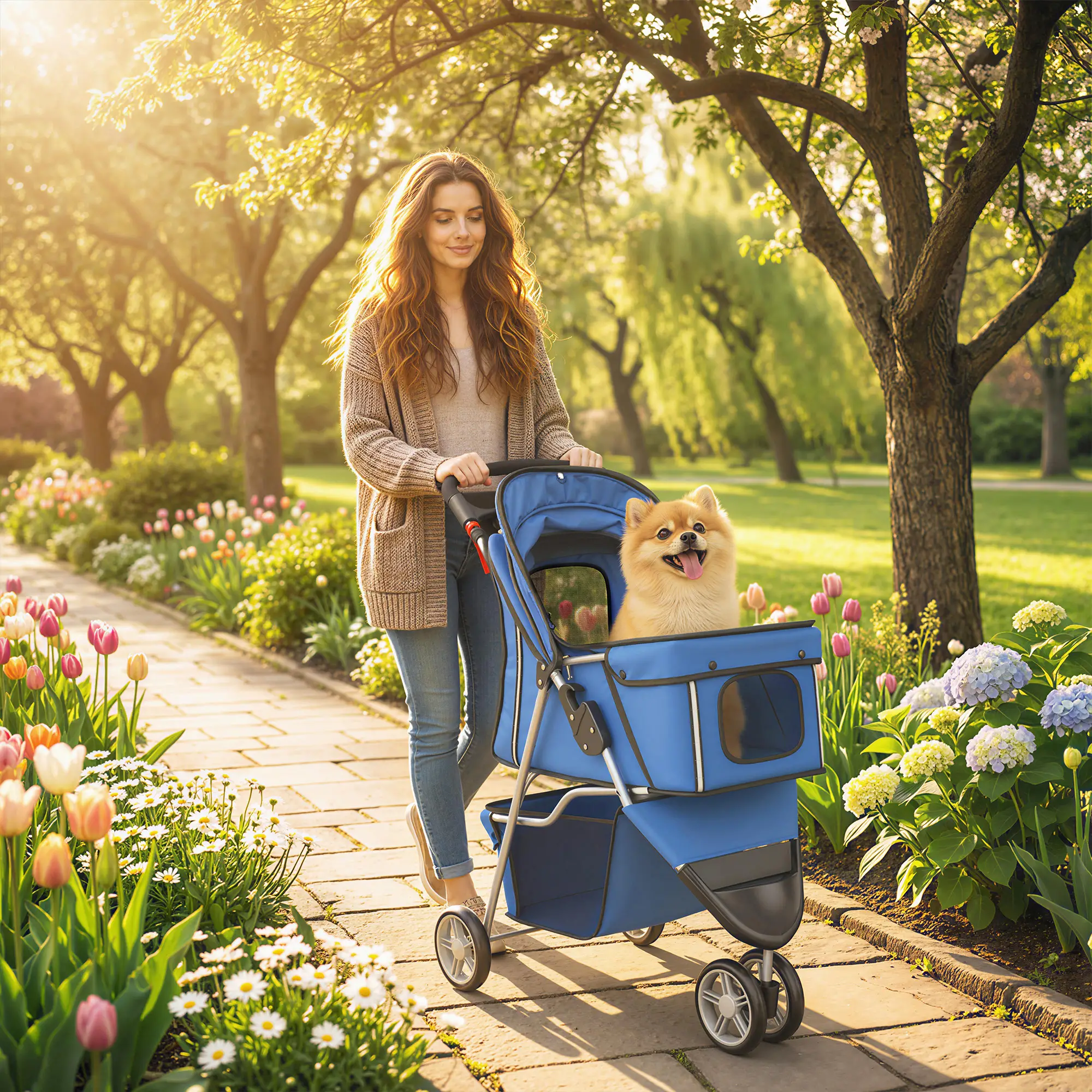 Foldable 3 Wheel Dog Stroller, Storage Basket, Adjustable Canopy, Blue - Image 2