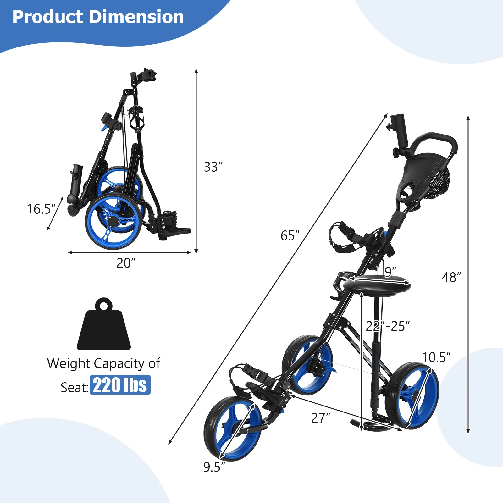 Foldable 3 Wheel Golf Trolley With Scoreboard Bag, Navy - Image 5