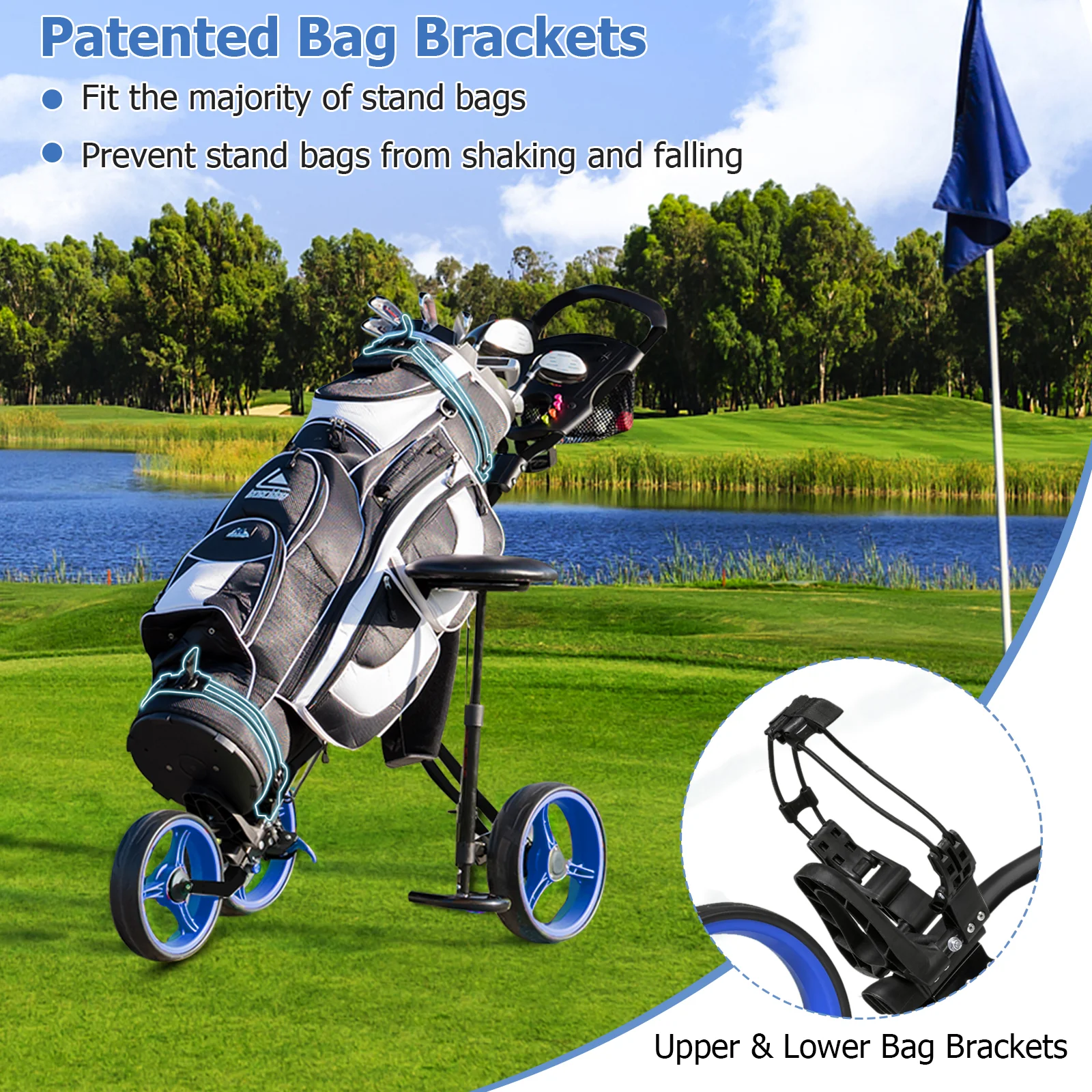 Foldable 3 Wheel Golf Trolley With Scoreboard Bag, Navy - Image 6